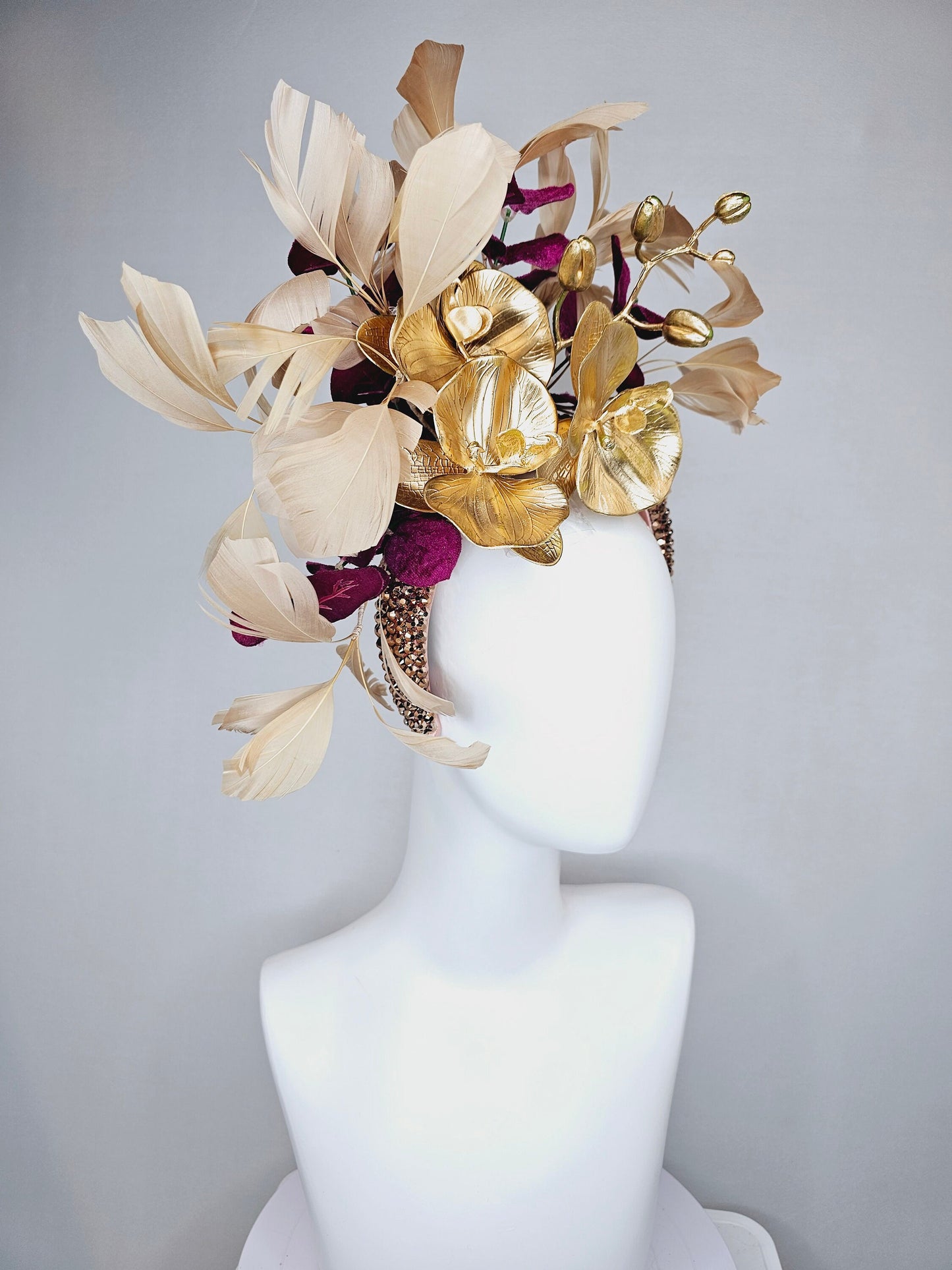 kentucky derby hat fascinator gold neutral swarovski crystal headband with gold orchid flowers and taupe tan gold feathers,deep purple stems