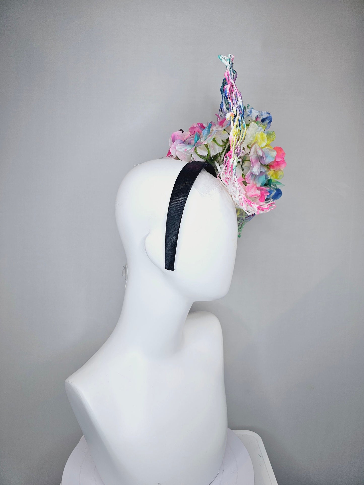 kentucky derby hat fascinator ombre rainbow colorful netting and white hydrangea flowers