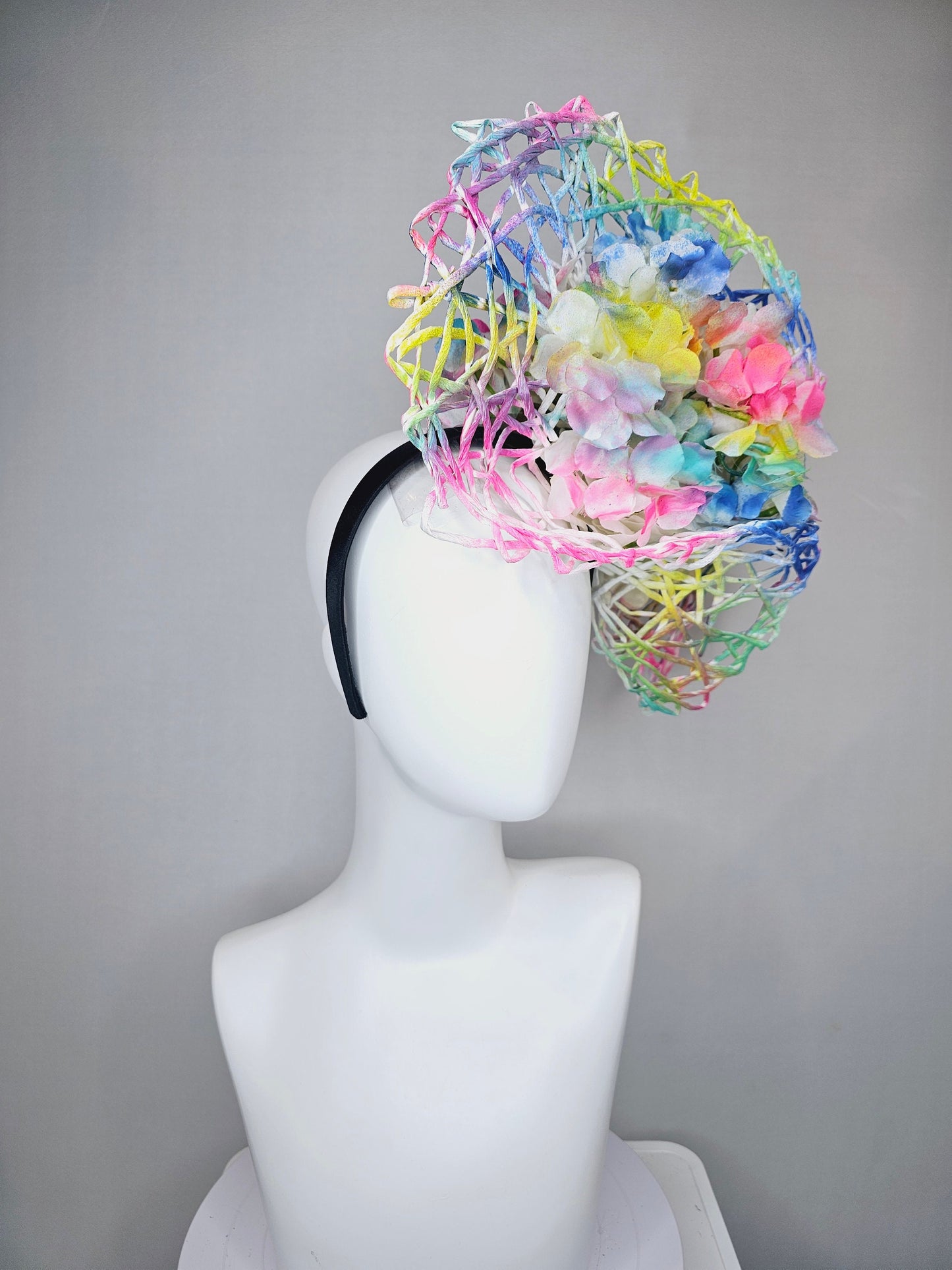 kentucky derby hat fascinator ombre rainbow colorful netting and white hydrangea flowers