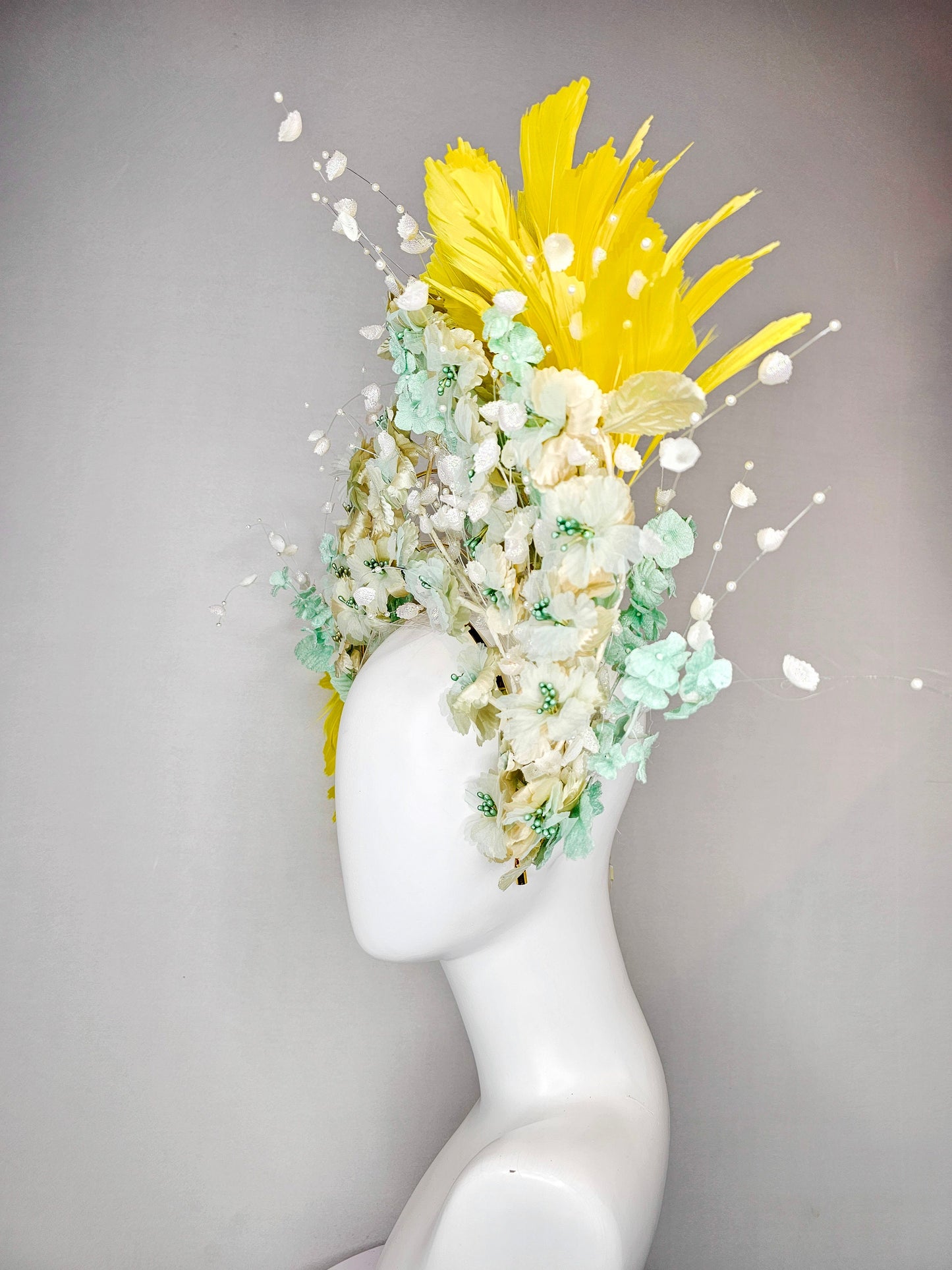 kentucky derby hat fascinator vintage branching mint green and gold flowers on tiered silver metallic headband with bright yellow feathers