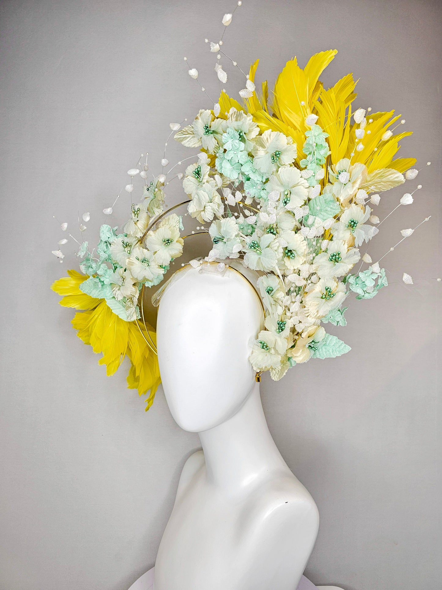 kentucky derby hat fascinator vintage branching mint green and gold flowers on tiered silver metallic headband with bright yellow feathers