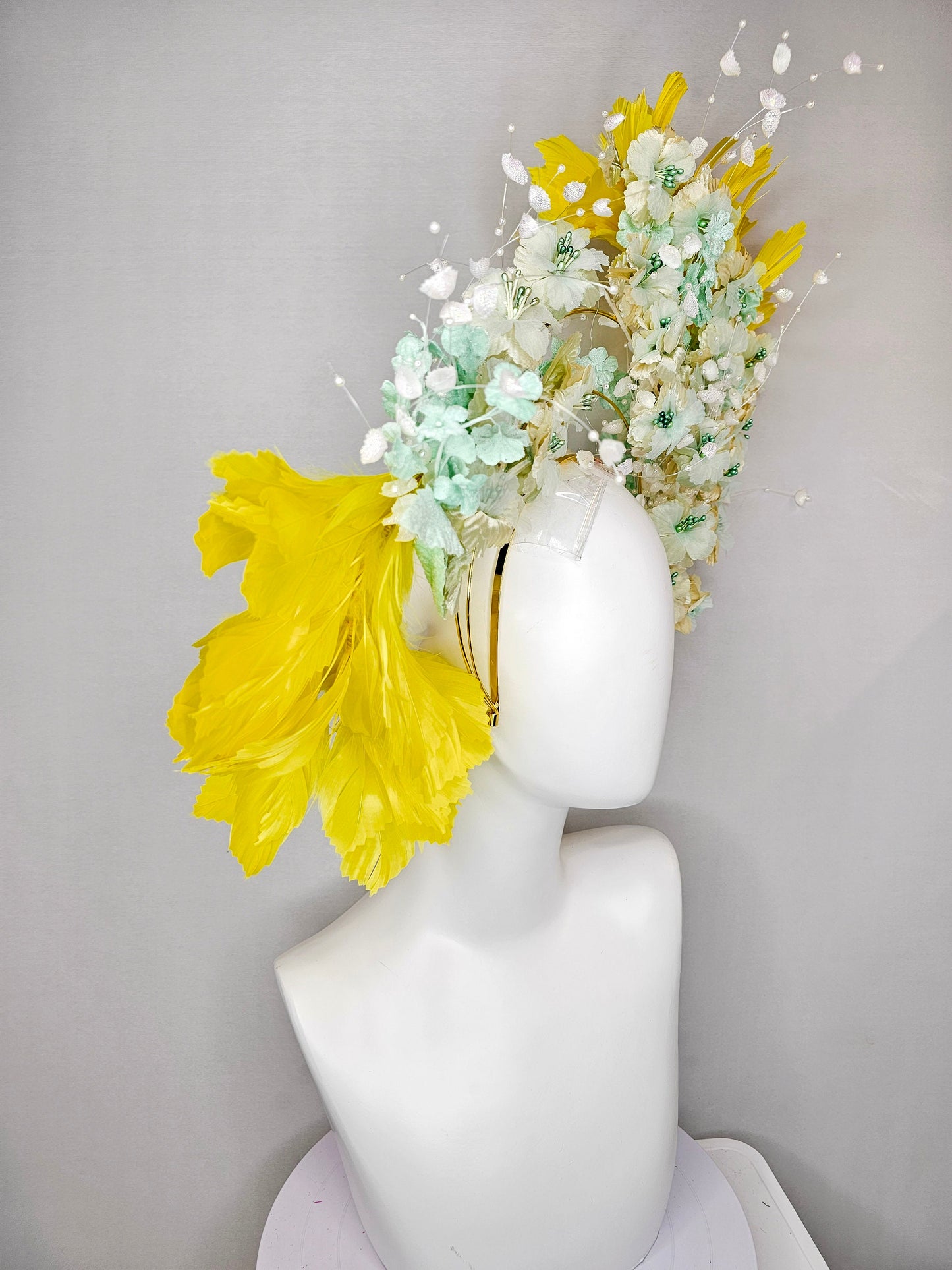 kentucky derby hat fascinator vintage branching mint green and gold flowers on tiered silver metallic headband with bright yellow feathers