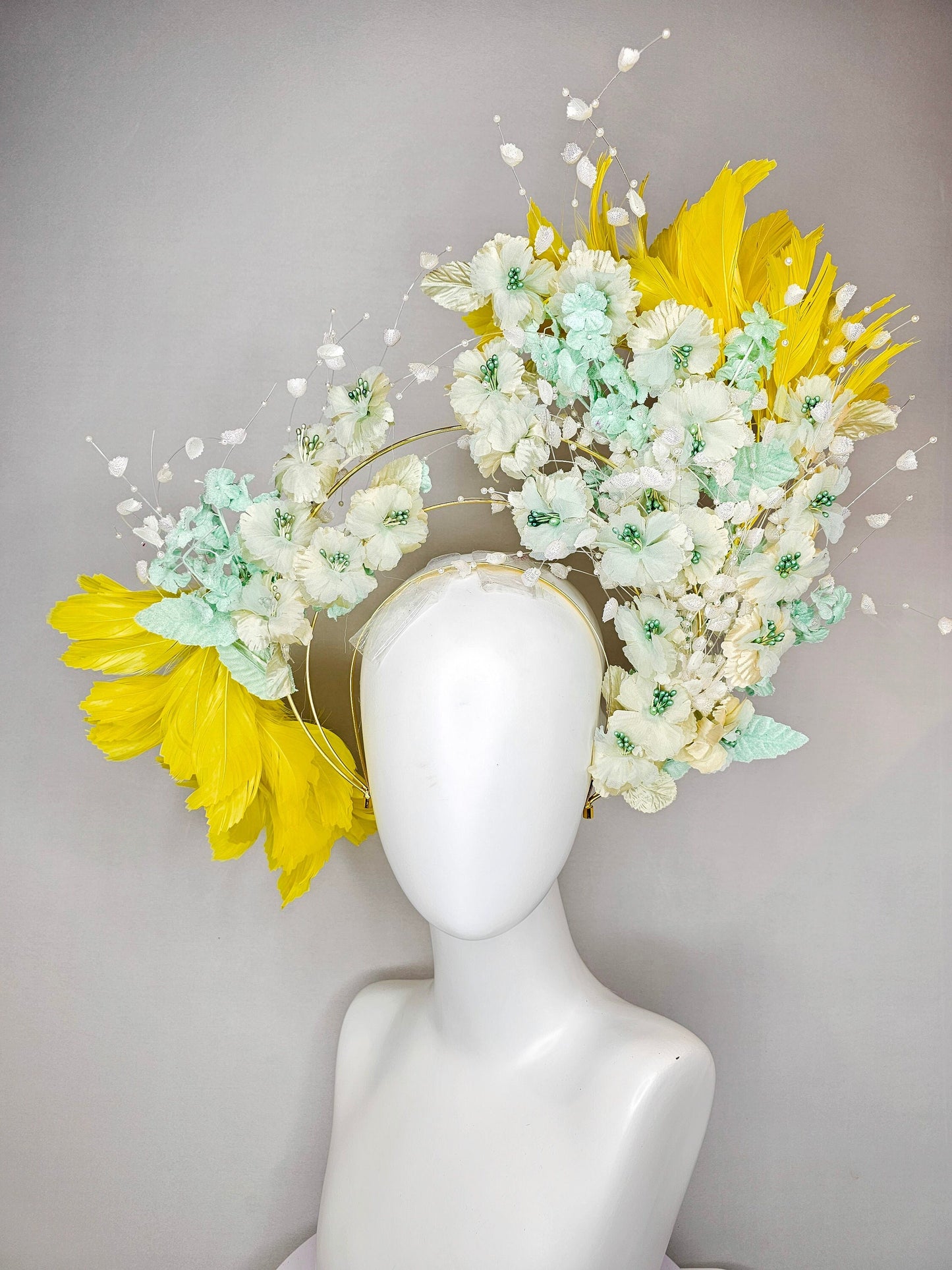 kentucky derby hat fascinator vintage branching mint green and gold flowers on tiered silver metallic headband with bright yellow feathers