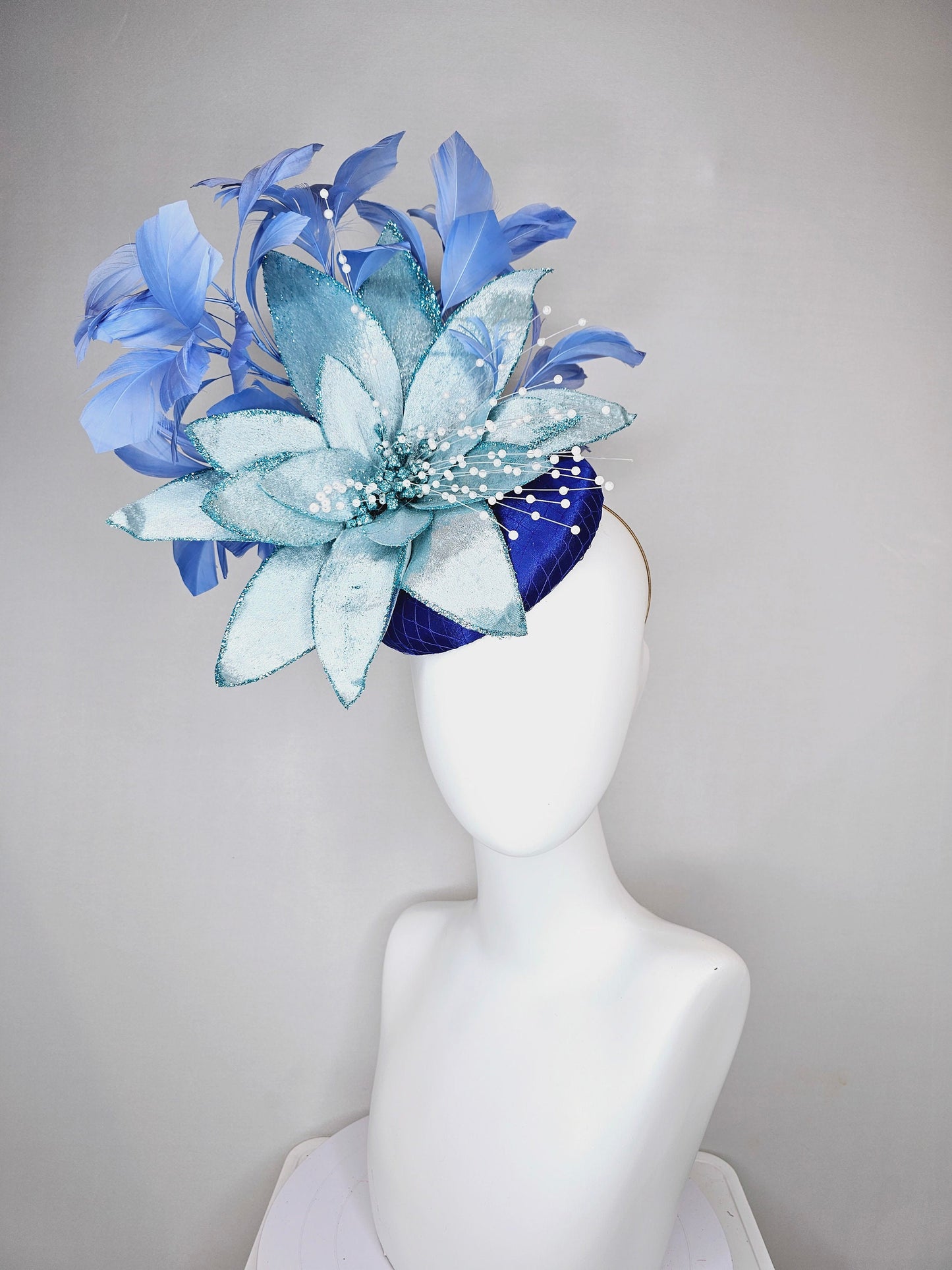 kentucky derby hat fascinator royal blue satin with periwinkle blue feathers and large light blue velvet flower with white pearl decor