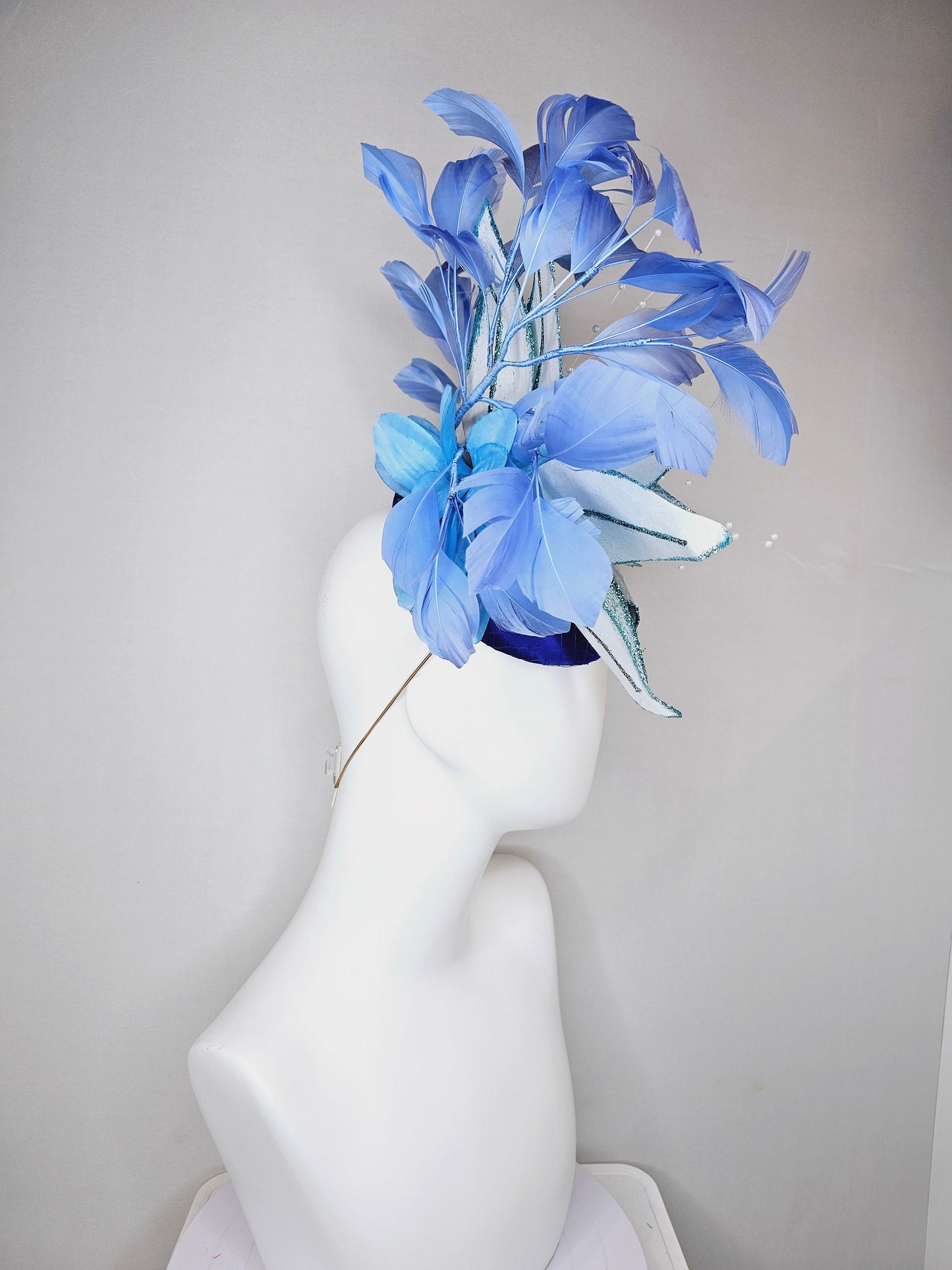 kentucky derby hat fascinator royal blue satin with periwinkle blue feathers and large light blue velvet flower with white pearl decor