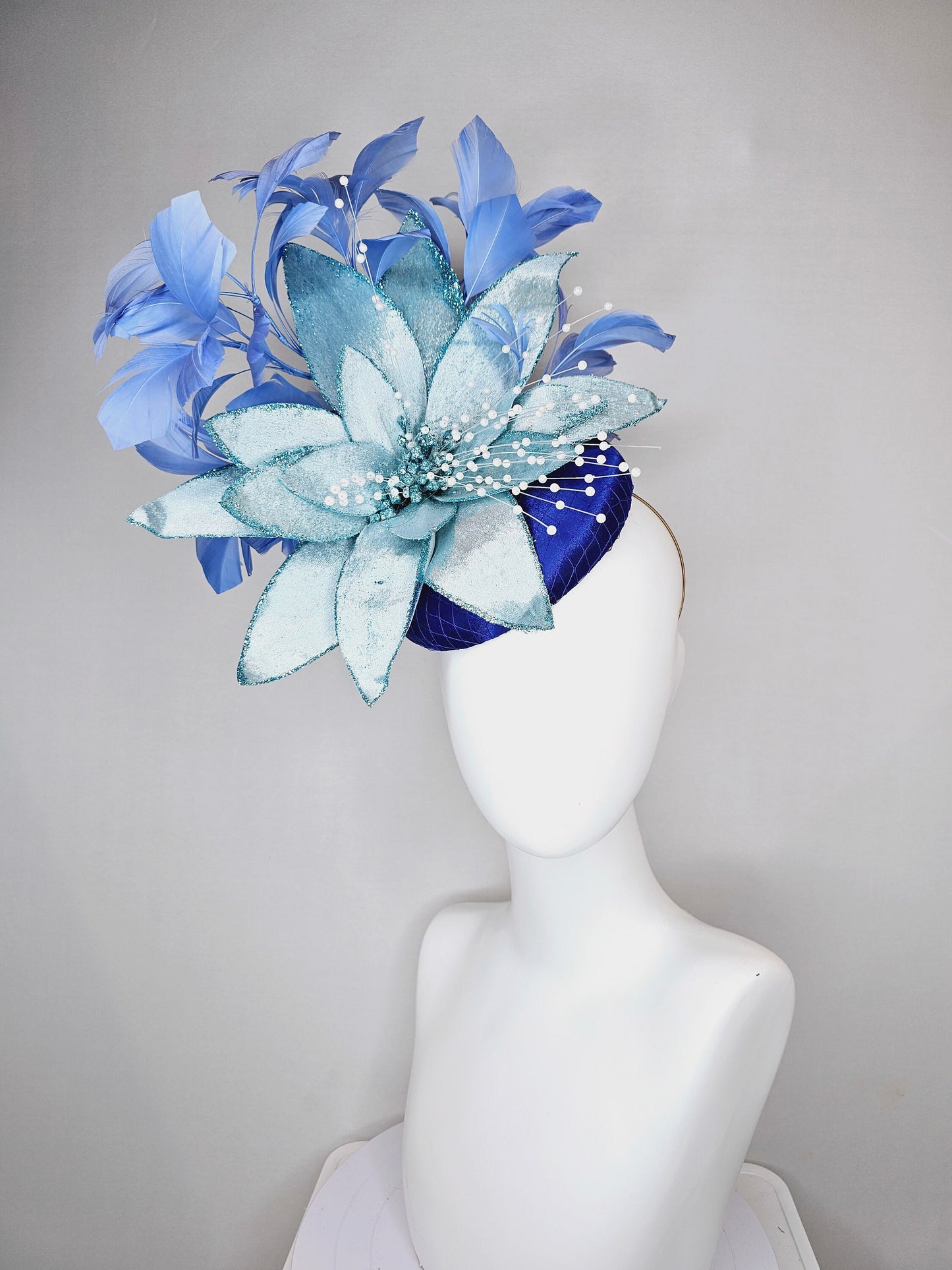 kentucky derby hat fascinator royal blue satin with periwinkle blue feathers and large light blue velvet flower with white pearl decor