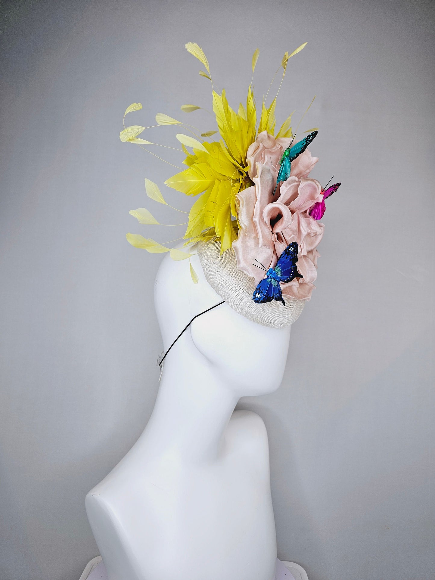 kentucky derby hat fascinator white sinamay blush large satin flower yellow feathers and rainbow pink blue green butterflies