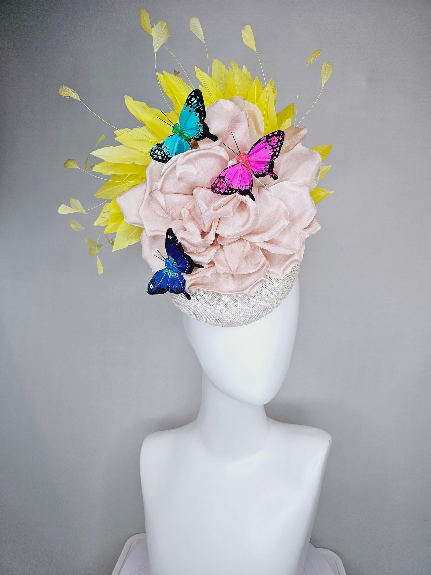 kentucky derby hat fascinator white sinamay blush large satin flower yellow feathers and rainbow pink blue green butterflies
