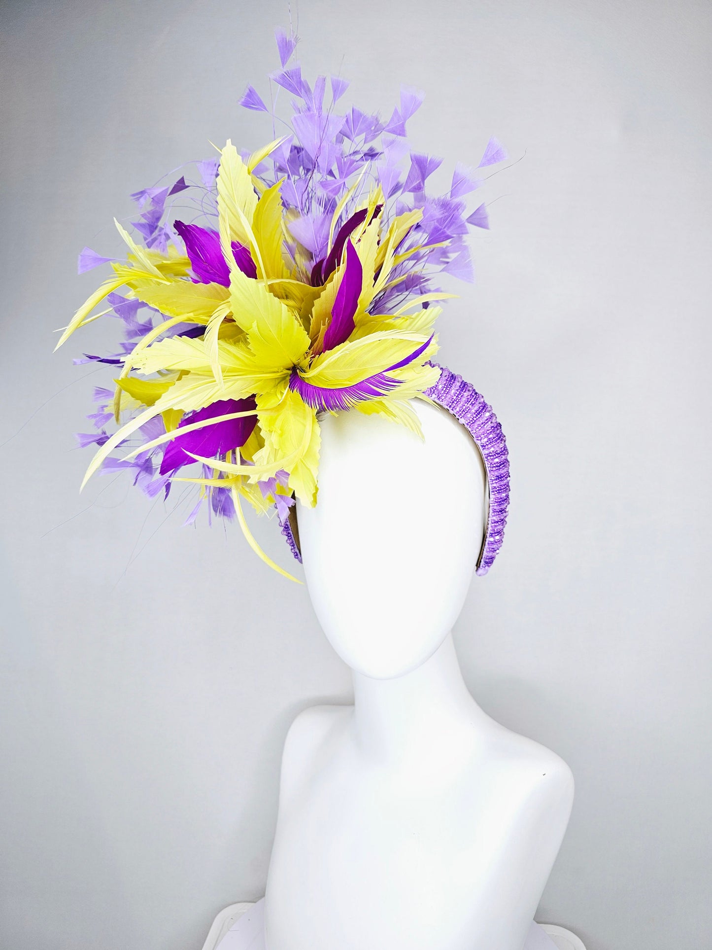 kentucky derby hat fascinator lavender beaded headband yellow purple violet feathers