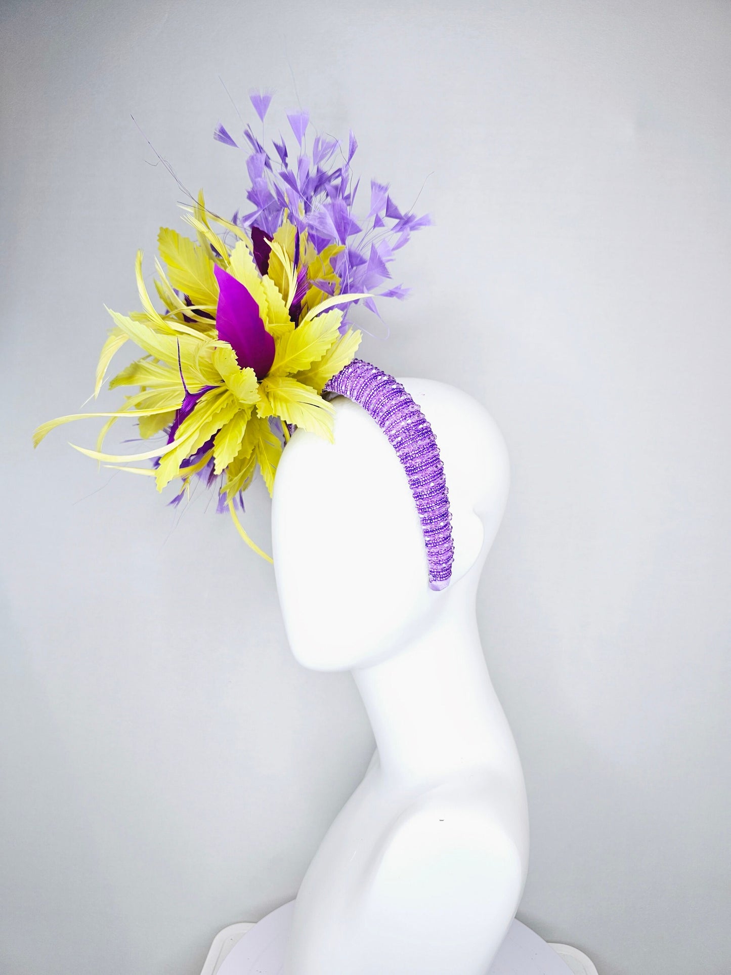 kentucky derby hat fascinator lavender beaded headband yellow purple violet feathers