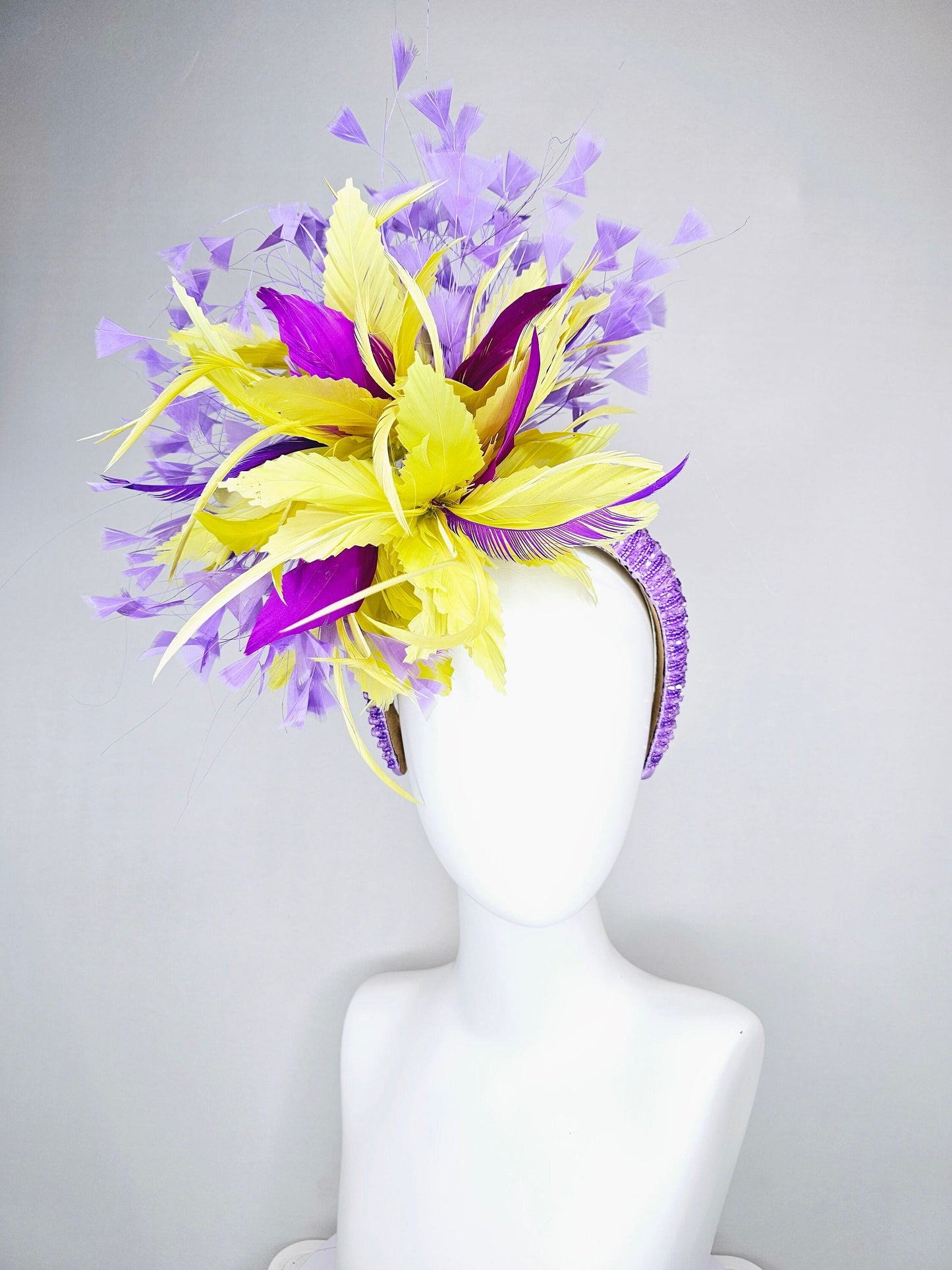 kentucky derby hat fascinator lavender beaded headband yellow purple violet feathers