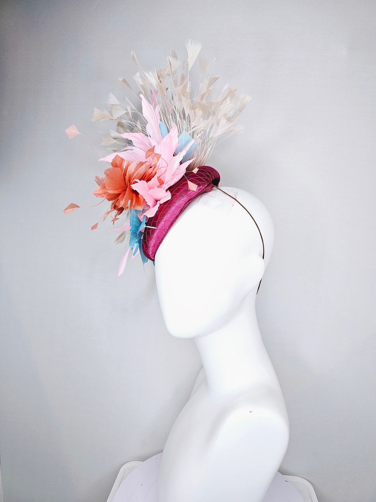 kentucky derby hat fascinator purple sinamay with rainbow feathers taupe ivory blue coral pink