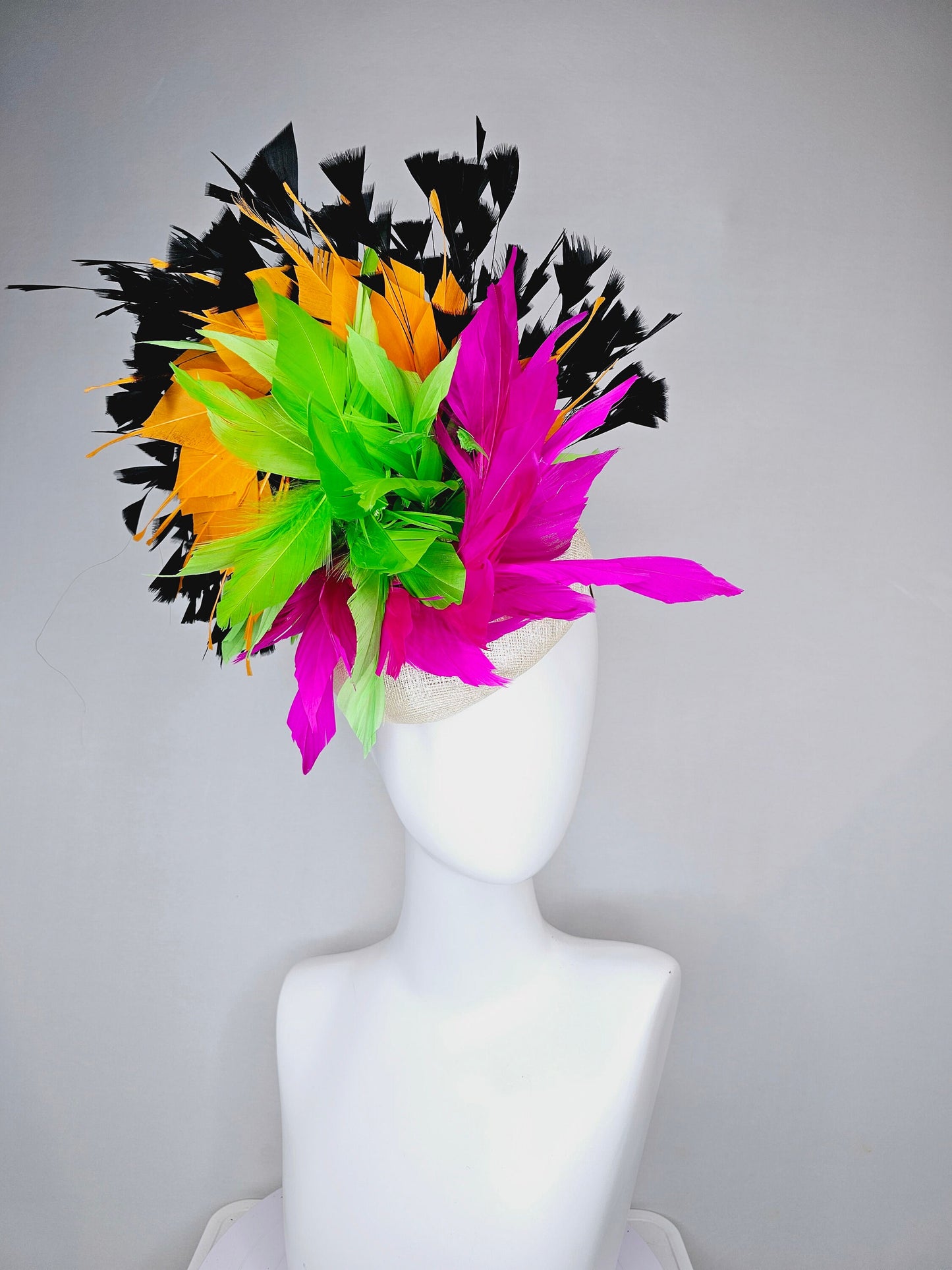 kentucky derby hat fascinator neutral sinamay with rainbow feathers black orange hot pink green