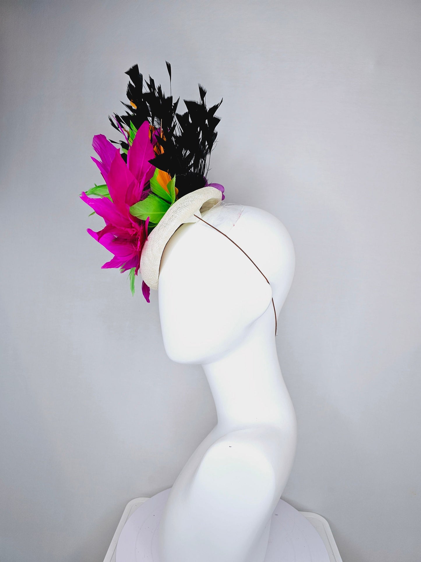 kentucky derby hat fascinator neutral sinamay with rainbow feathers black orange hot pink green