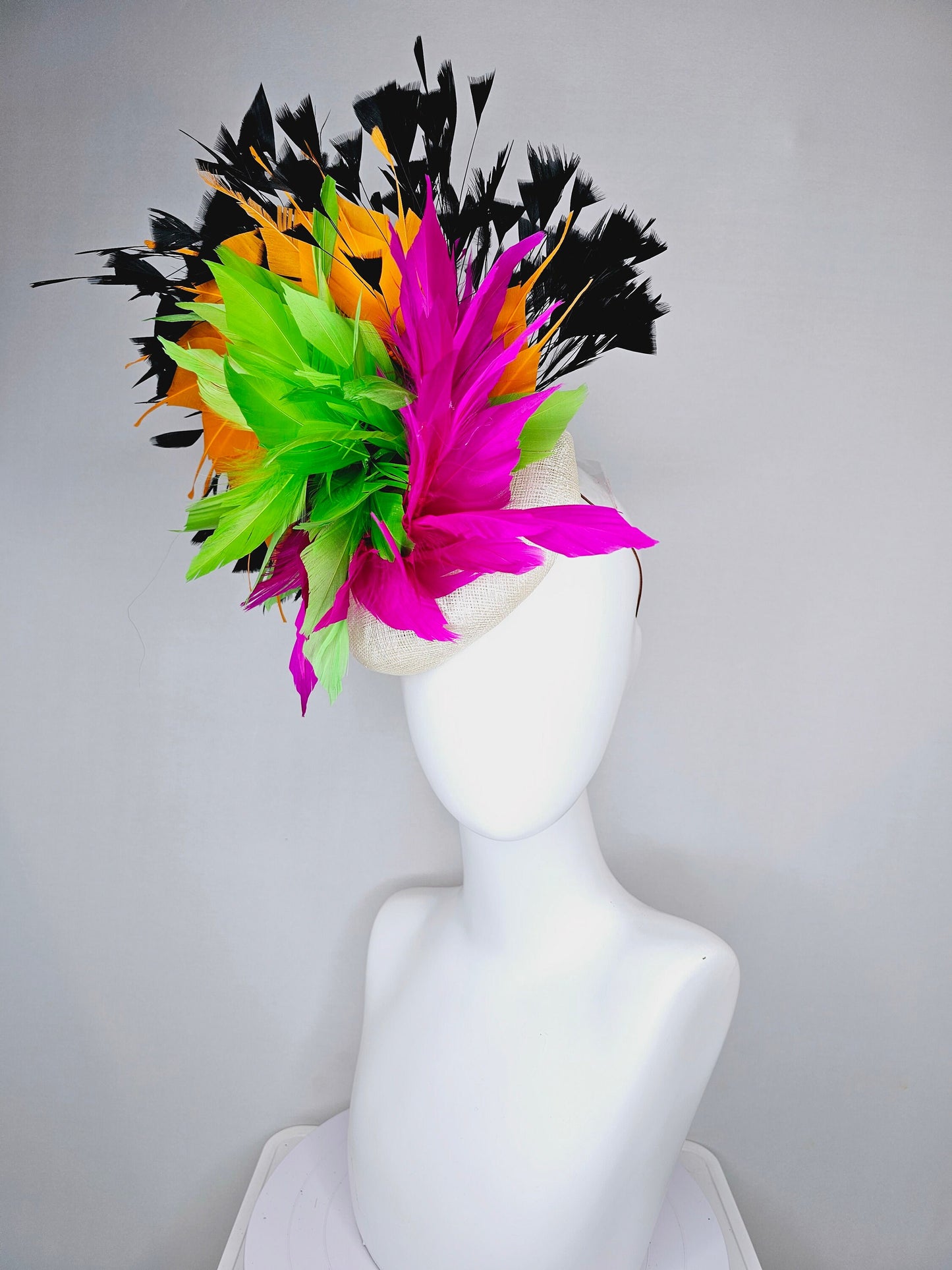 kentucky derby hat fascinator neutral sinamay with rainbow feathers black orange hot pink green