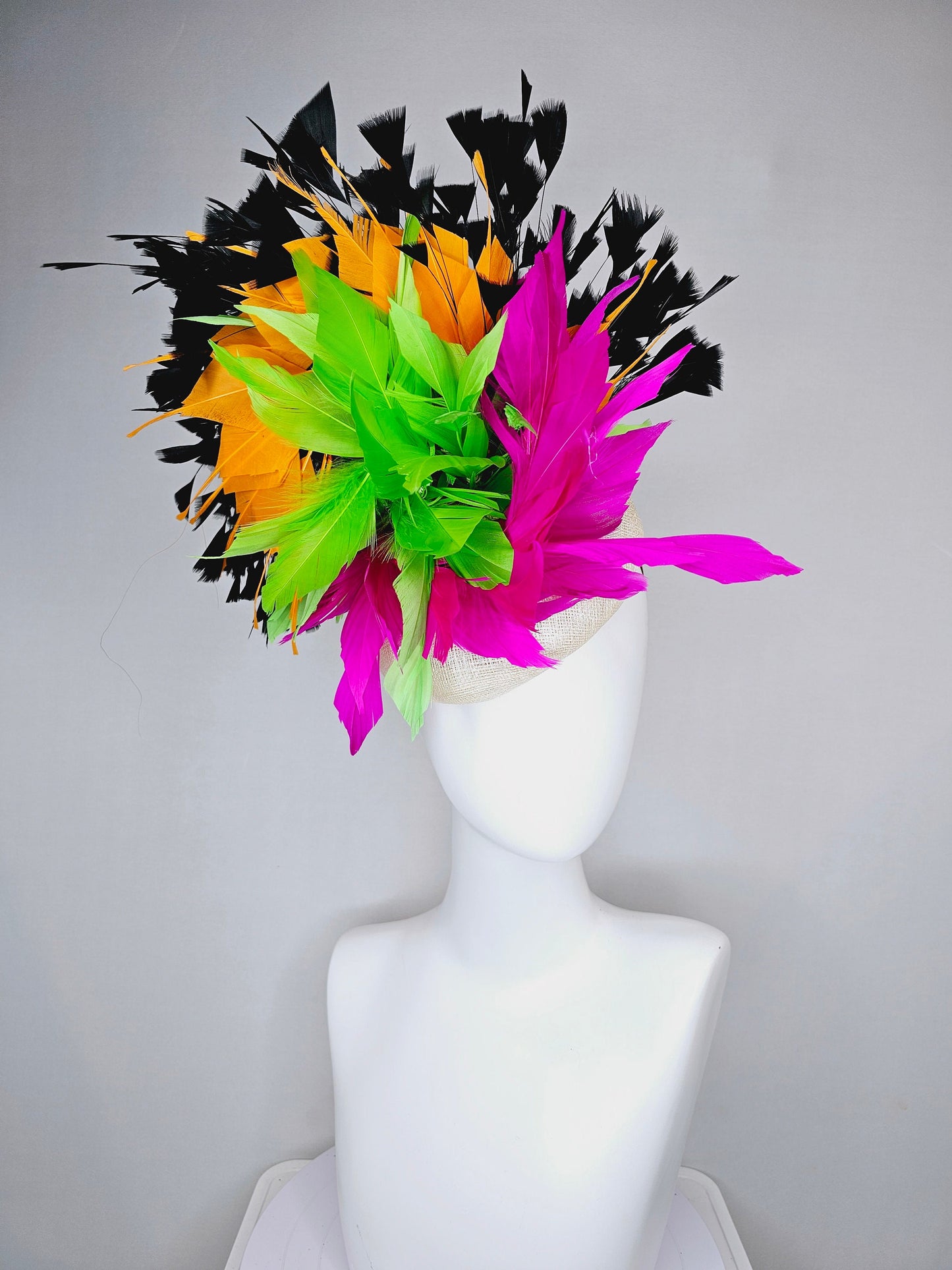 kentucky derby hat fascinator neutral sinamay with rainbow feathers black orange hot pink green