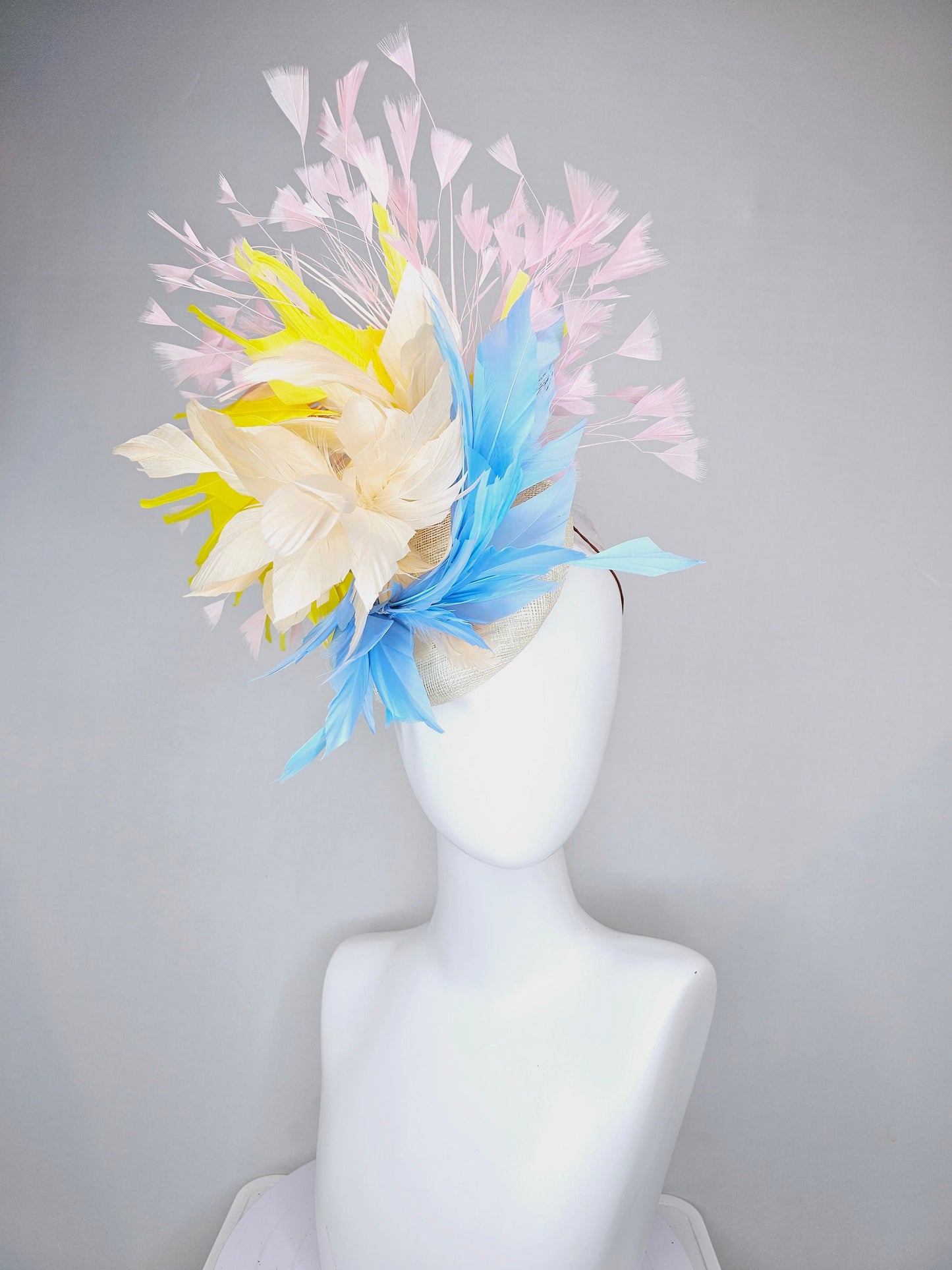 kentucky derby hat fascinator neutral sinamay with rainbow feathers pastel blue pink yellow peach white