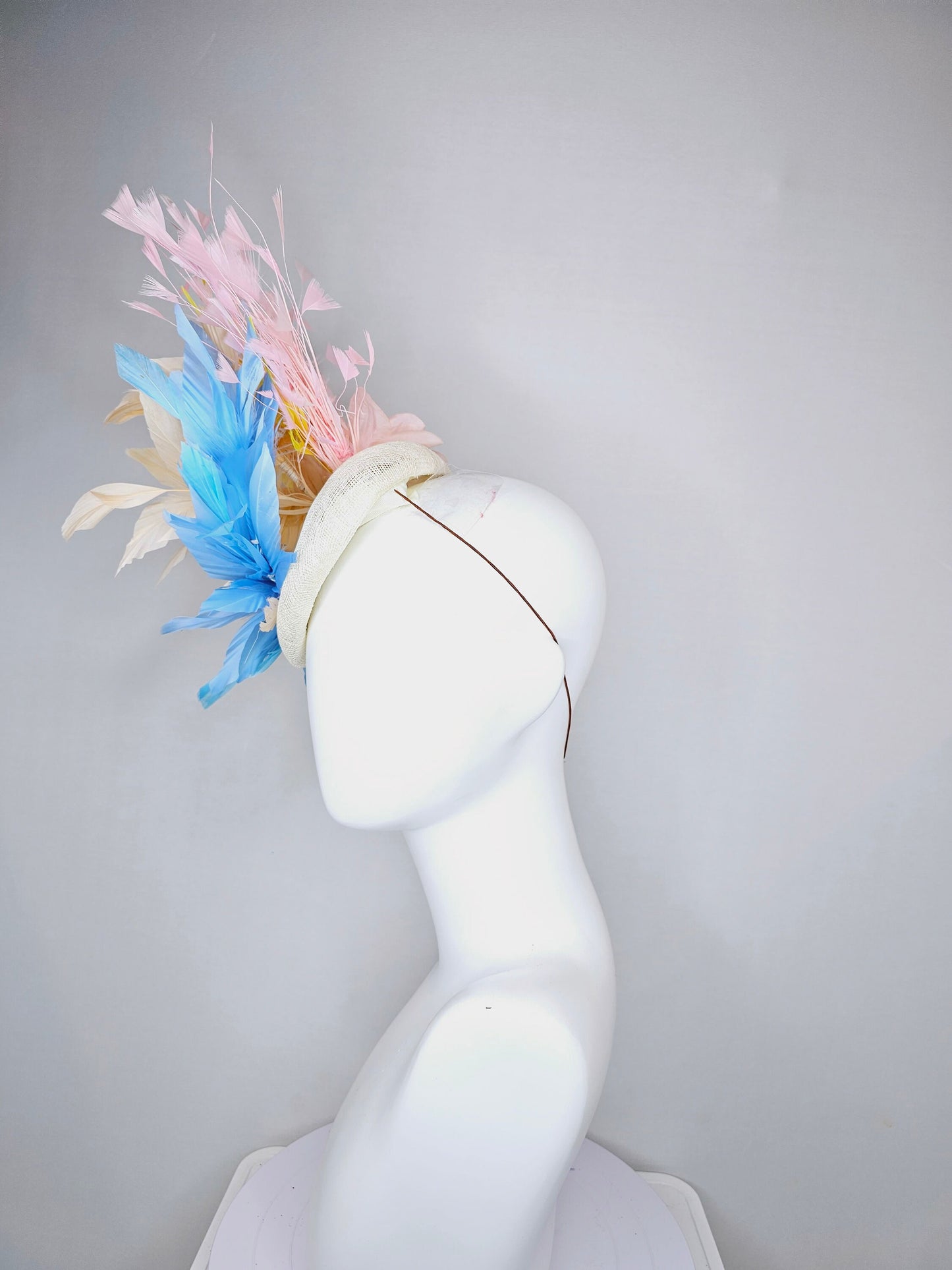 kentucky derby hat fascinator neutral sinamay with rainbow feathers pastel blue pink yellow peach white