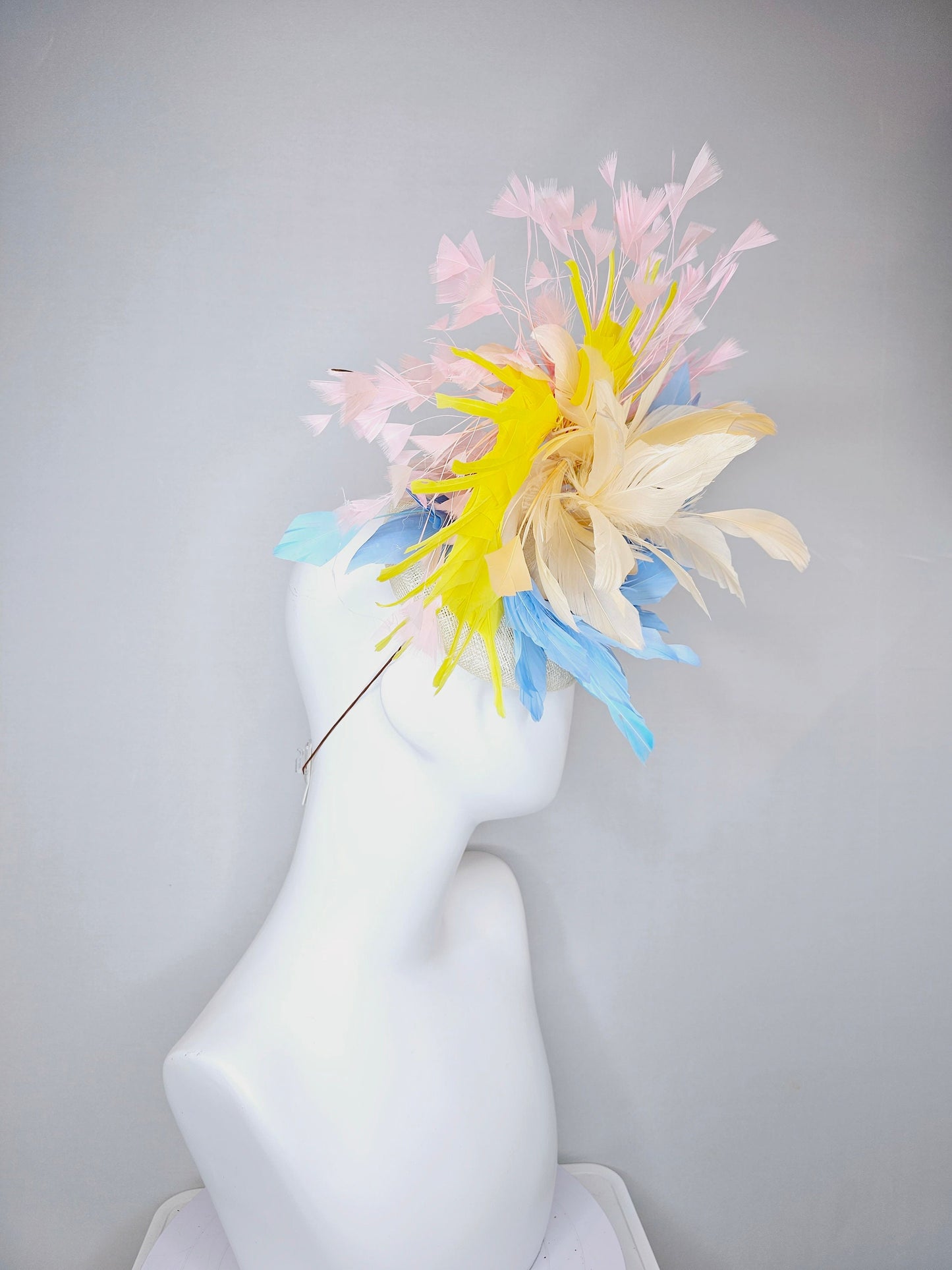 kentucky derby hat fascinator neutral sinamay with rainbow feathers pastel blue pink yellow peach white