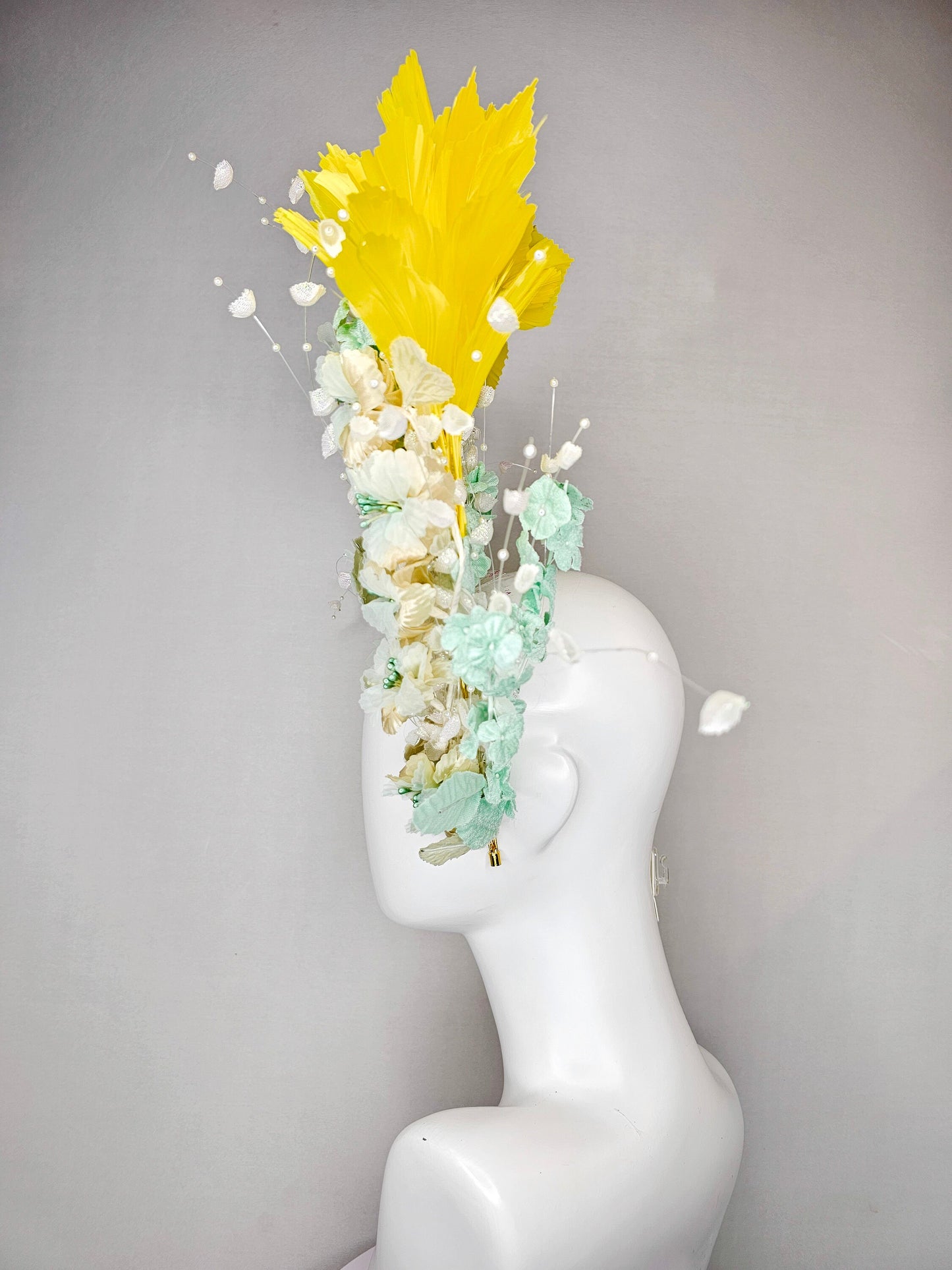 kentucky derby hat fascinator vintage branching mint green and gold flowers on tiered silver metallic headband with bright yellow feathers