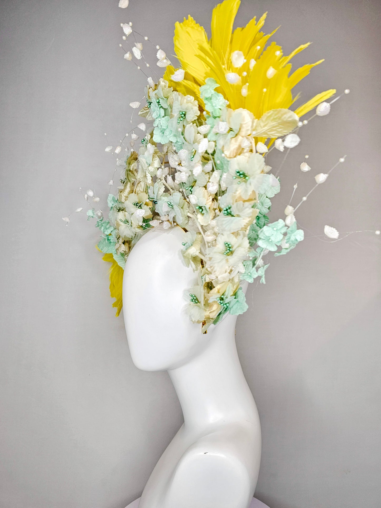 kentucky derby hat fascinator vintage branching mint green and gold flowers on tiered silver metallic headband with bright yellow feathers