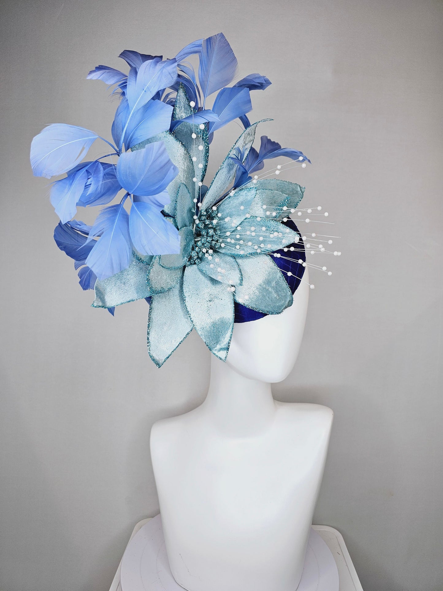 kentucky derby hat fascinator royal blue satin with periwinkle blue feathers and large light blue velvet flower with white pearl decor
