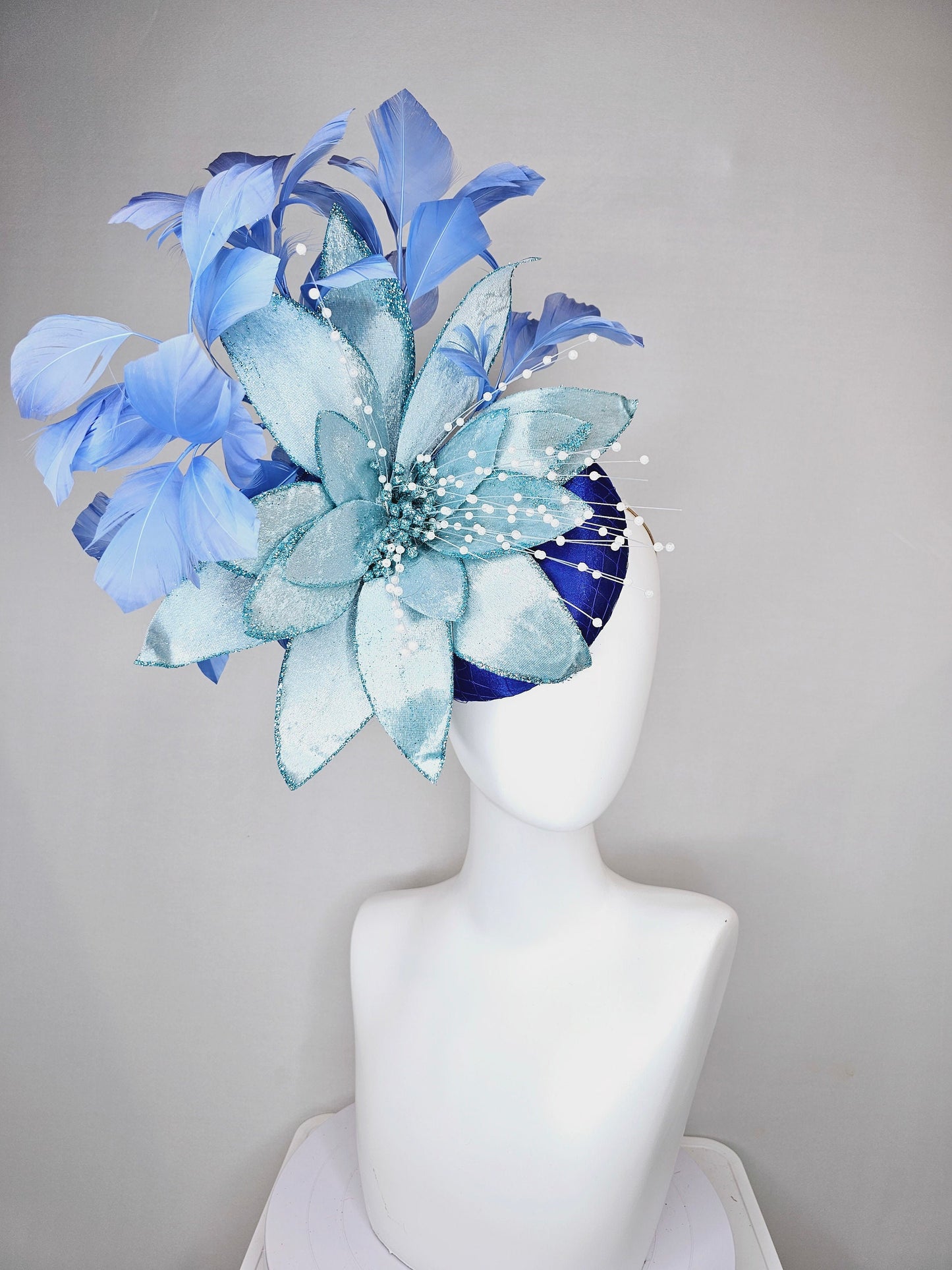 kentucky derby hat fascinator royal blue satin with periwinkle blue feathers and large light blue velvet flower with white pearl decor