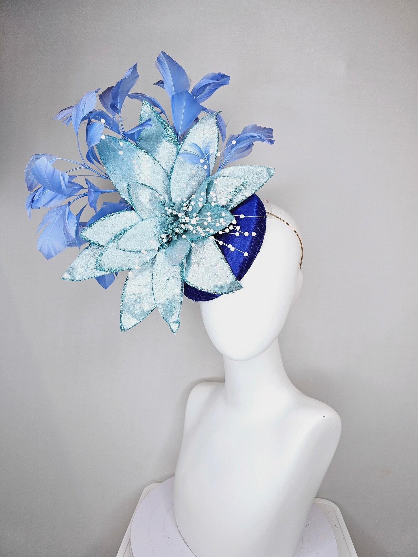 kentucky derby hat fascinator royal blue satin with periwinkle blue feathers and large light blue velvet flower with white pearl decor