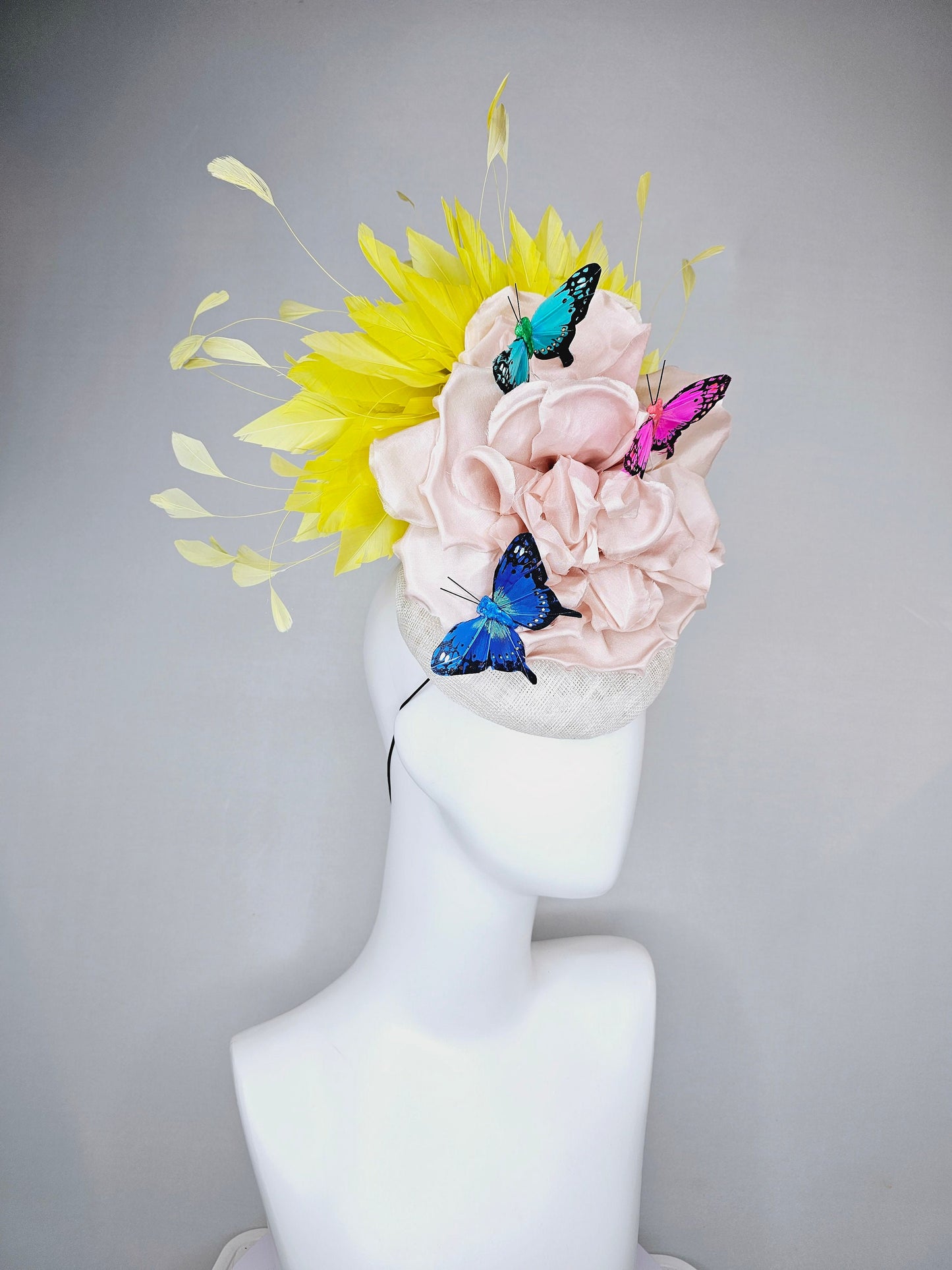 kentucky derby hat fascinator white sinamay blush large satin flower yellow feathers and rainbow pink blue green butterflies