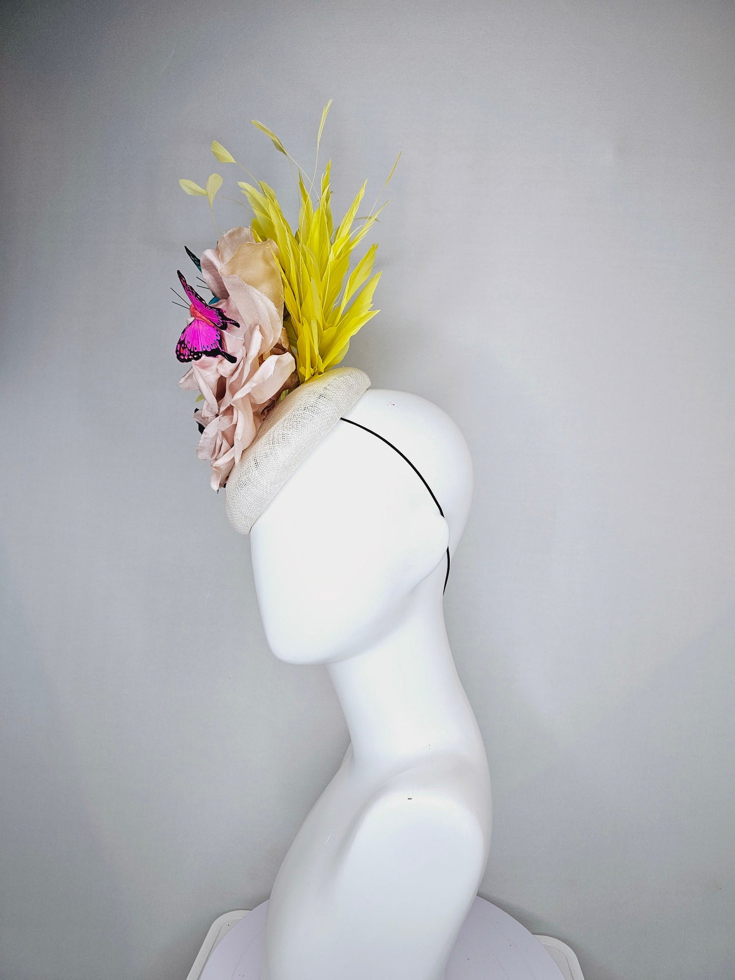 kentucky derby hat fascinator white sinamay blush large satin flower yellow feathers and rainbow pink blue green butterflies
