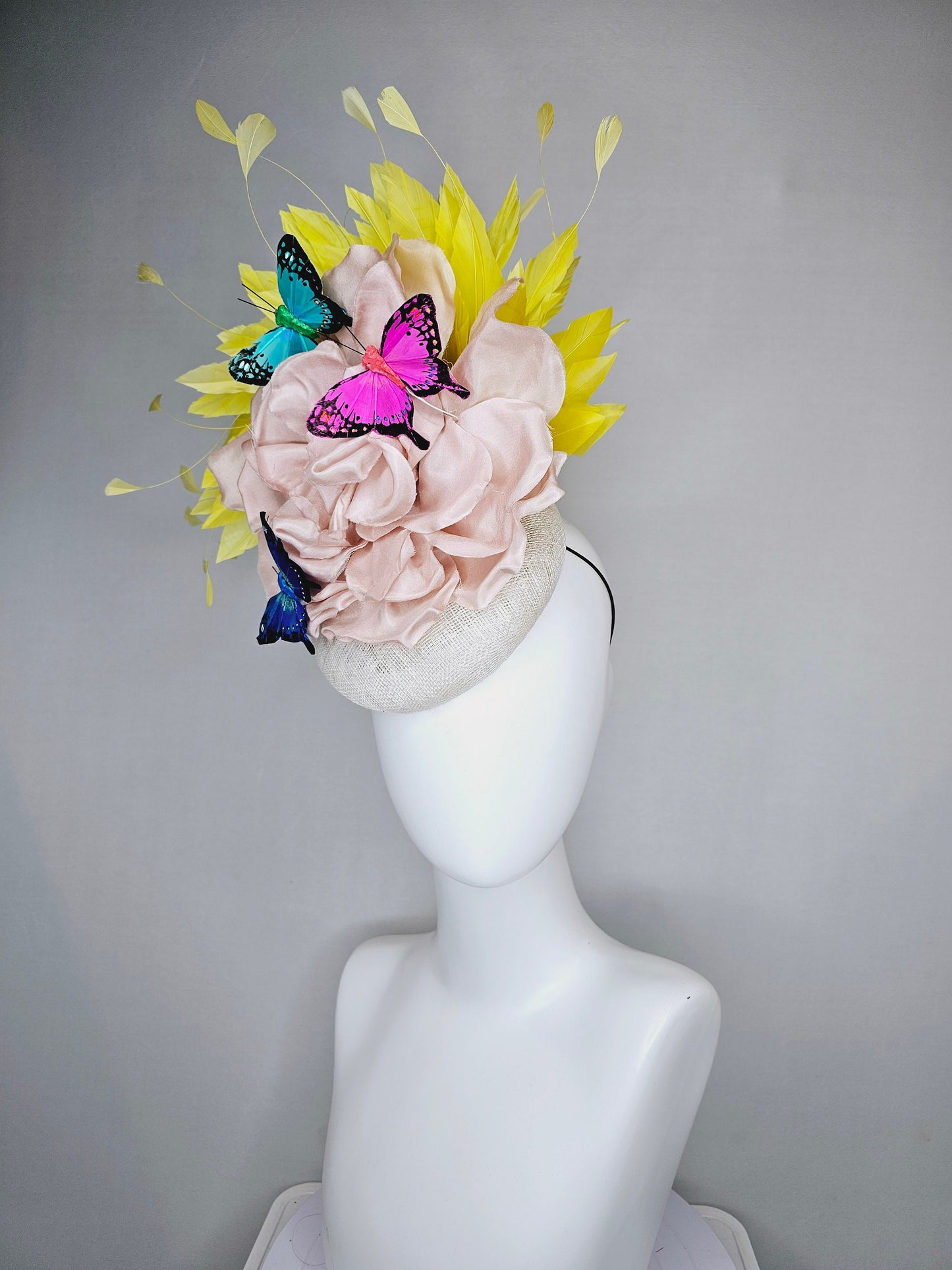 kentucky derby hat fascinator white sinamay blush large satin flower yellow feathers and rainbow pink blue green butterflies