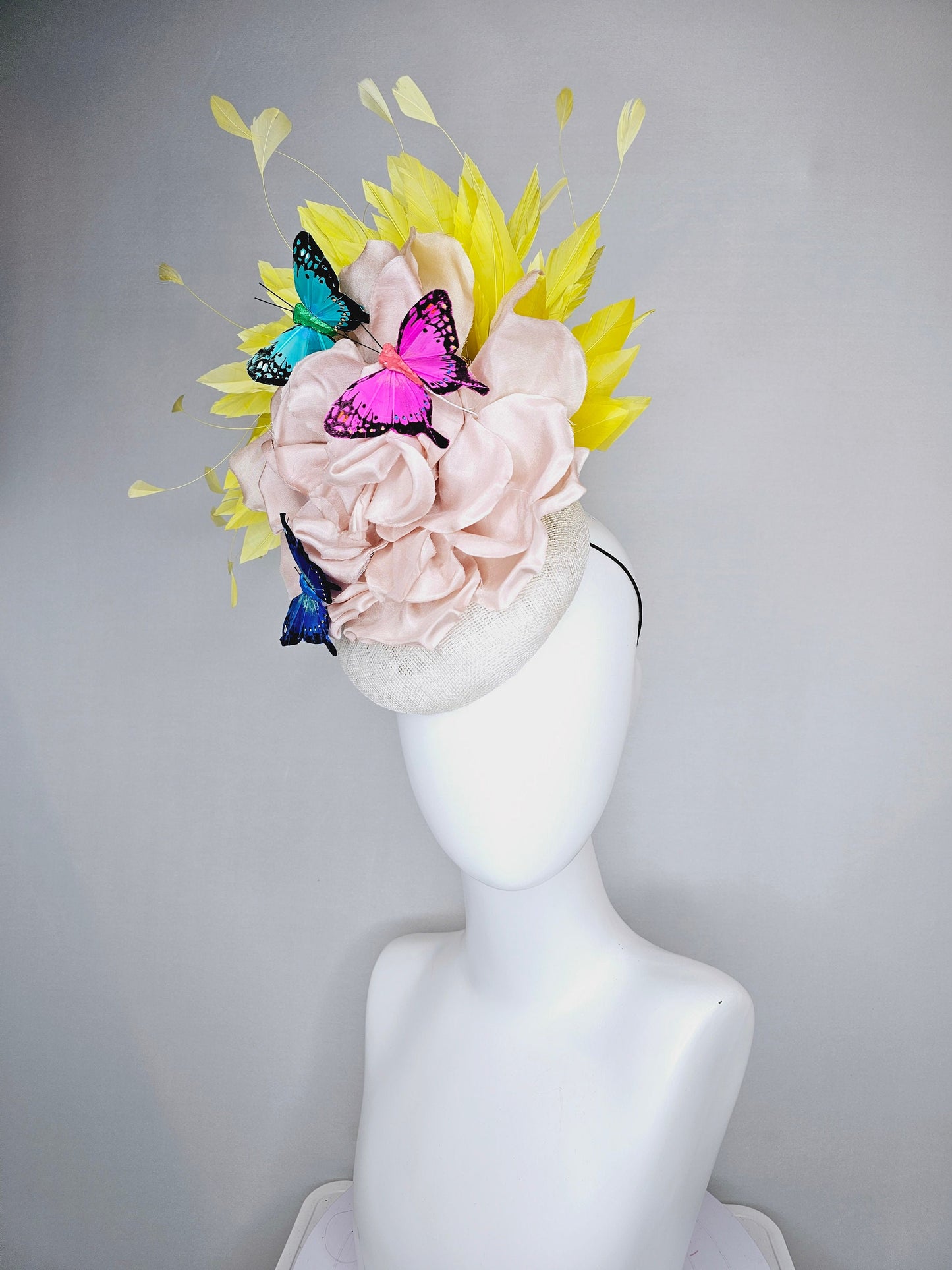 kentucky derby hat fascinator white sinamay blush large satin flower yellow feathers and rainbow pink blue green butterflies