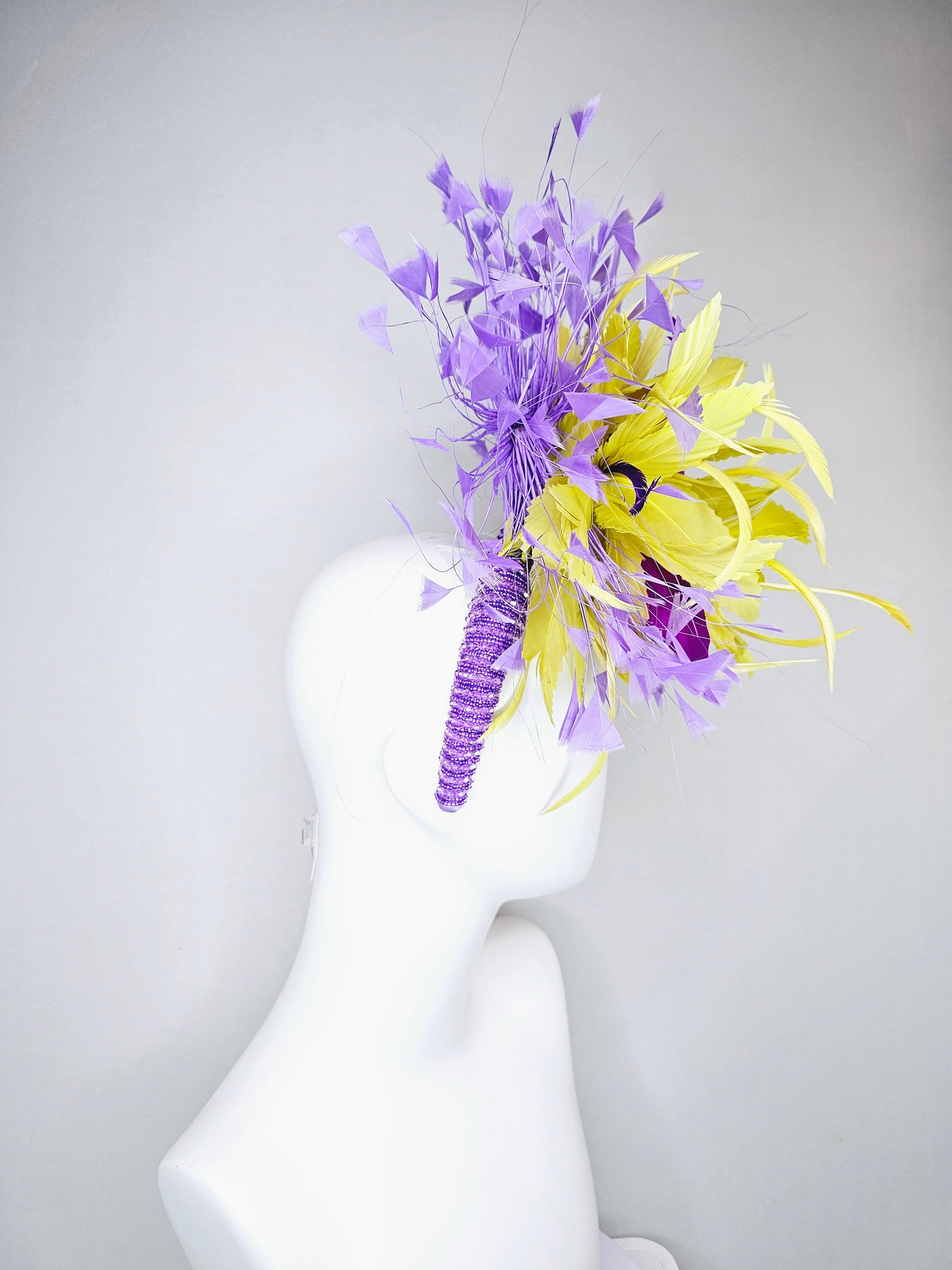 kentucky derby hat fascinator lavender beaded headband yellow purple violet feathers