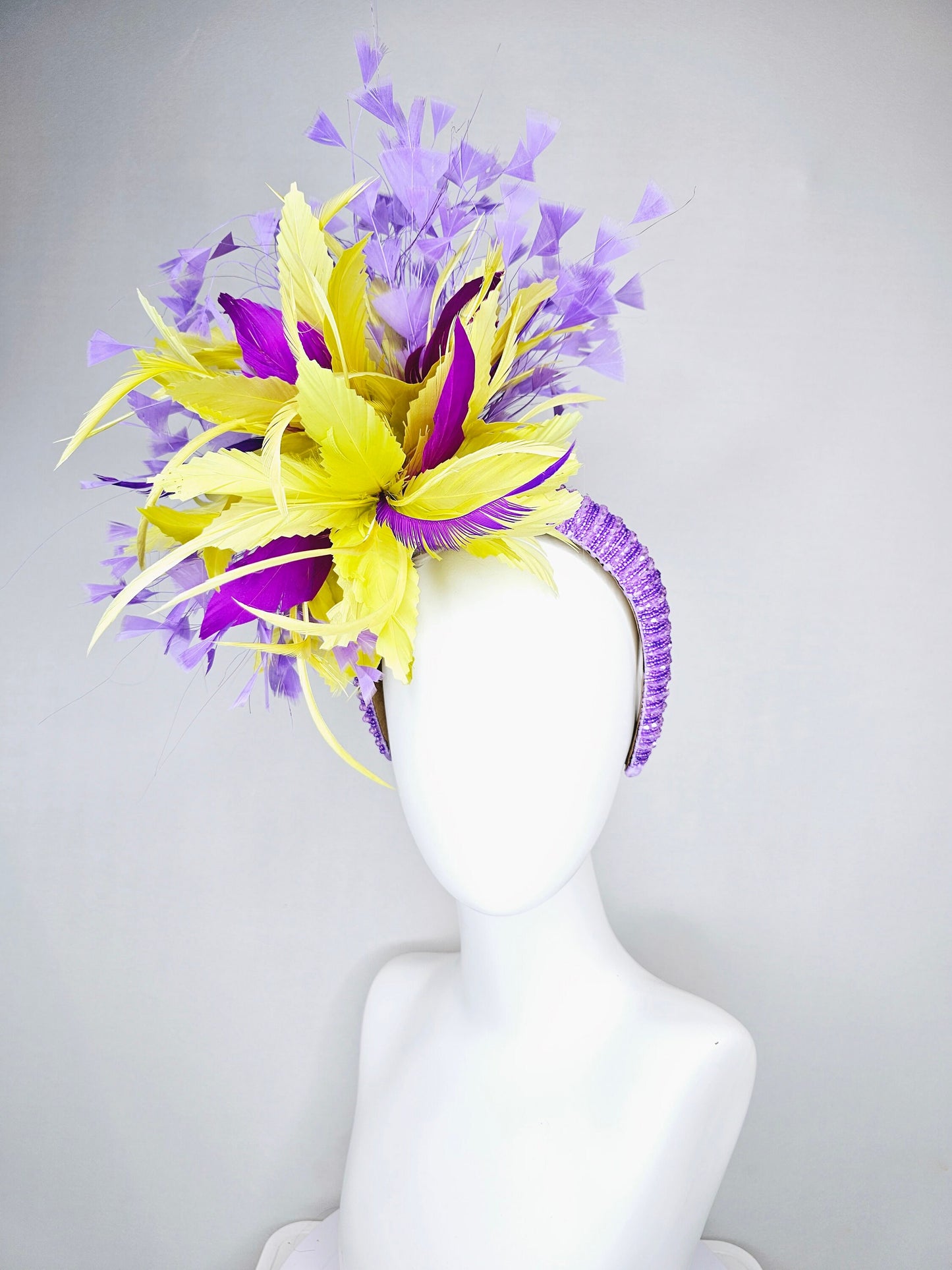 kentucky derby hat fascinator lavender beaded headband yellow purple violet feathers