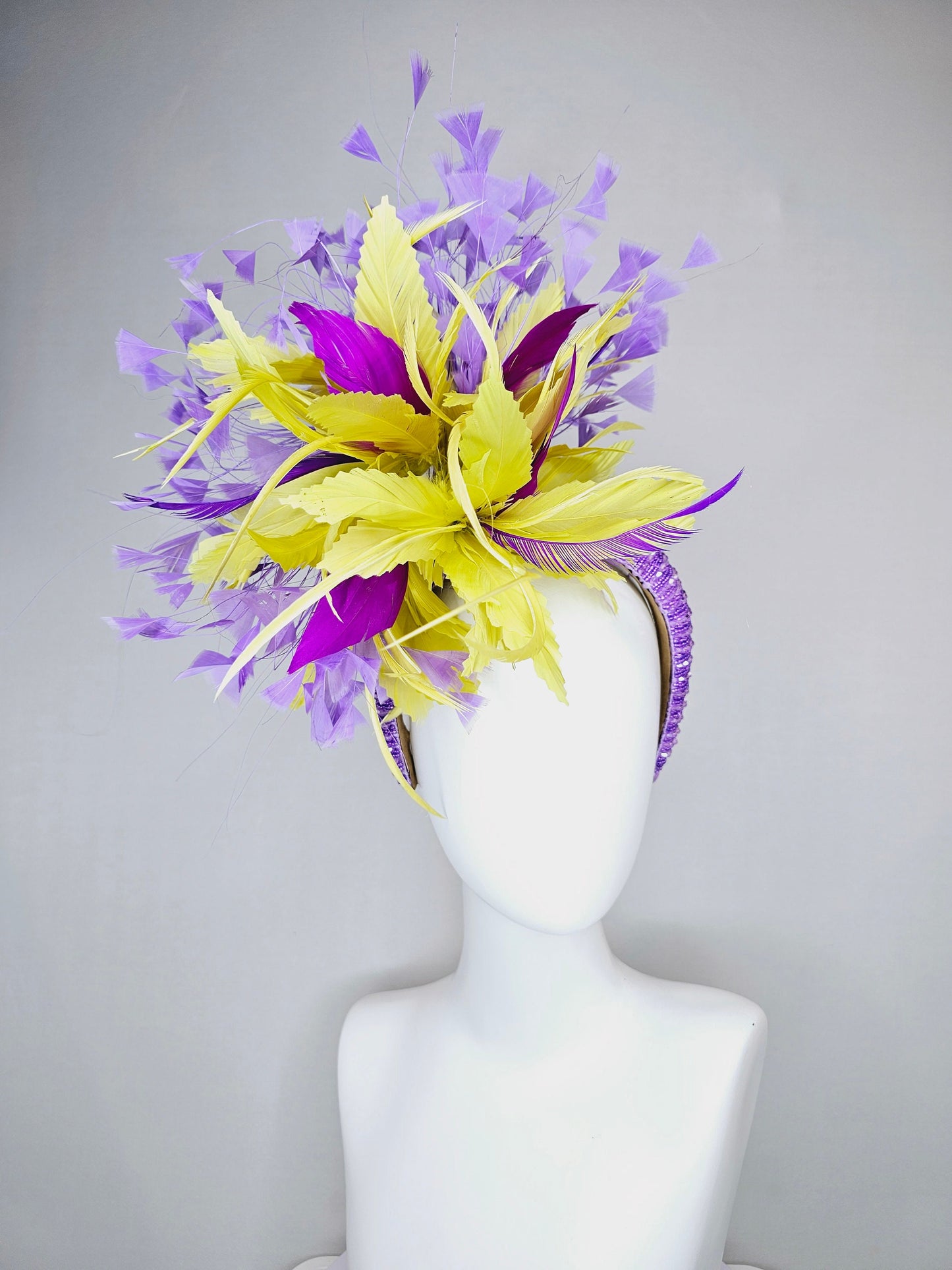 kentucky derby hat fascinator lavender beaded headband yellow purple violet feathers