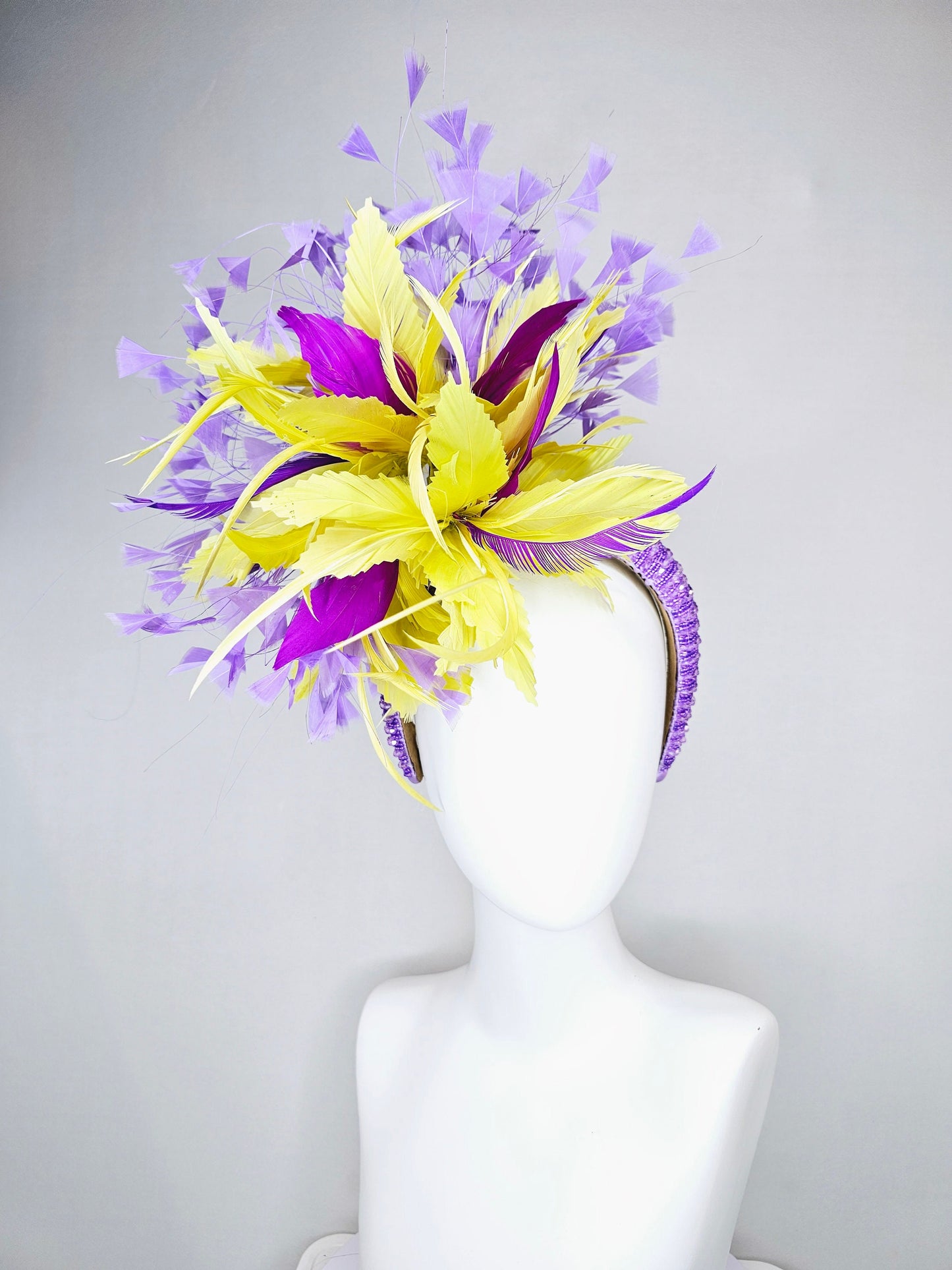 kentucky derby hat fascinator lavender beaded headband yellow purple violet feathers