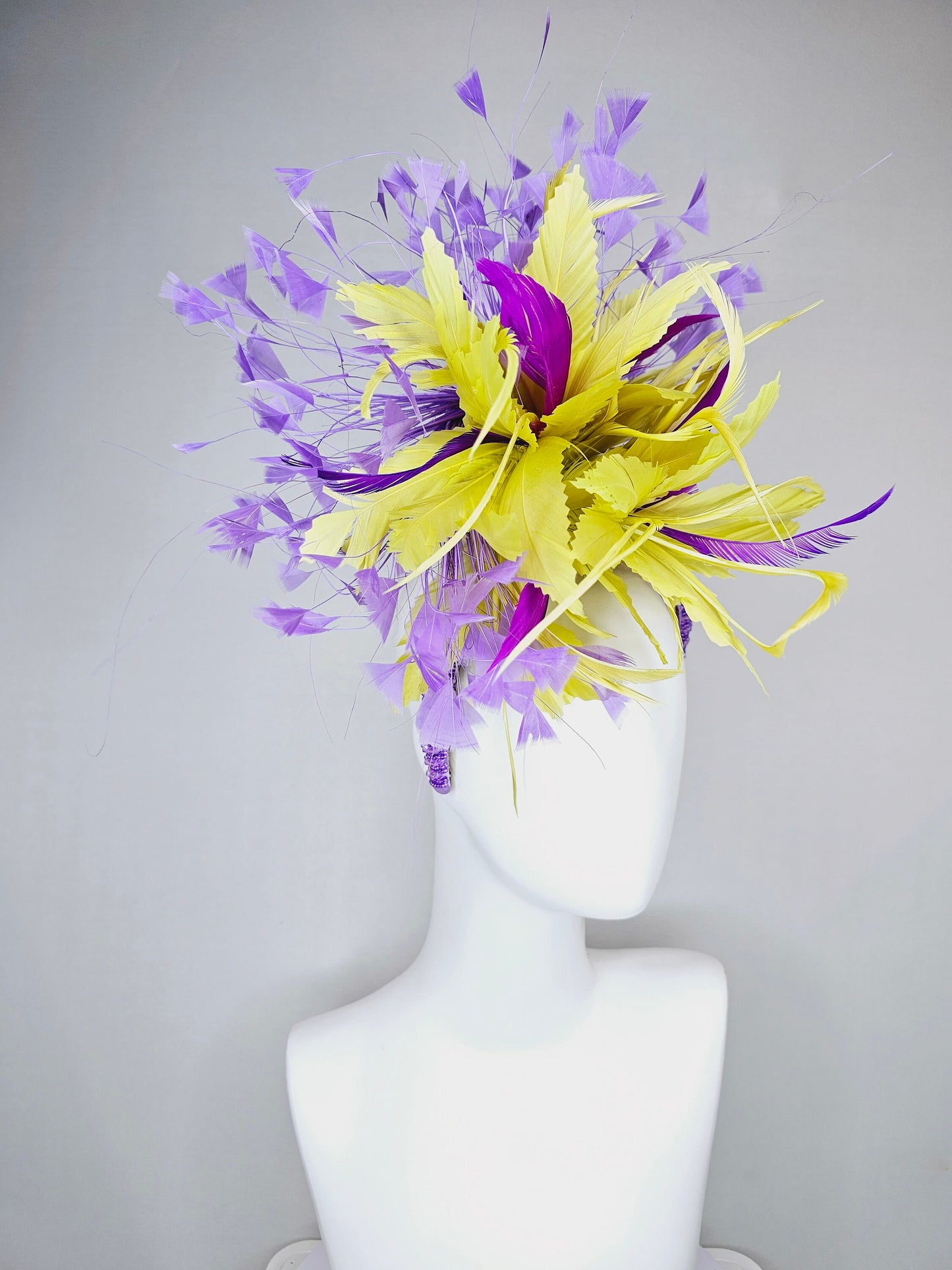 kentucky derby hat fascinator lavender beaded headband yellow purple violet feathers