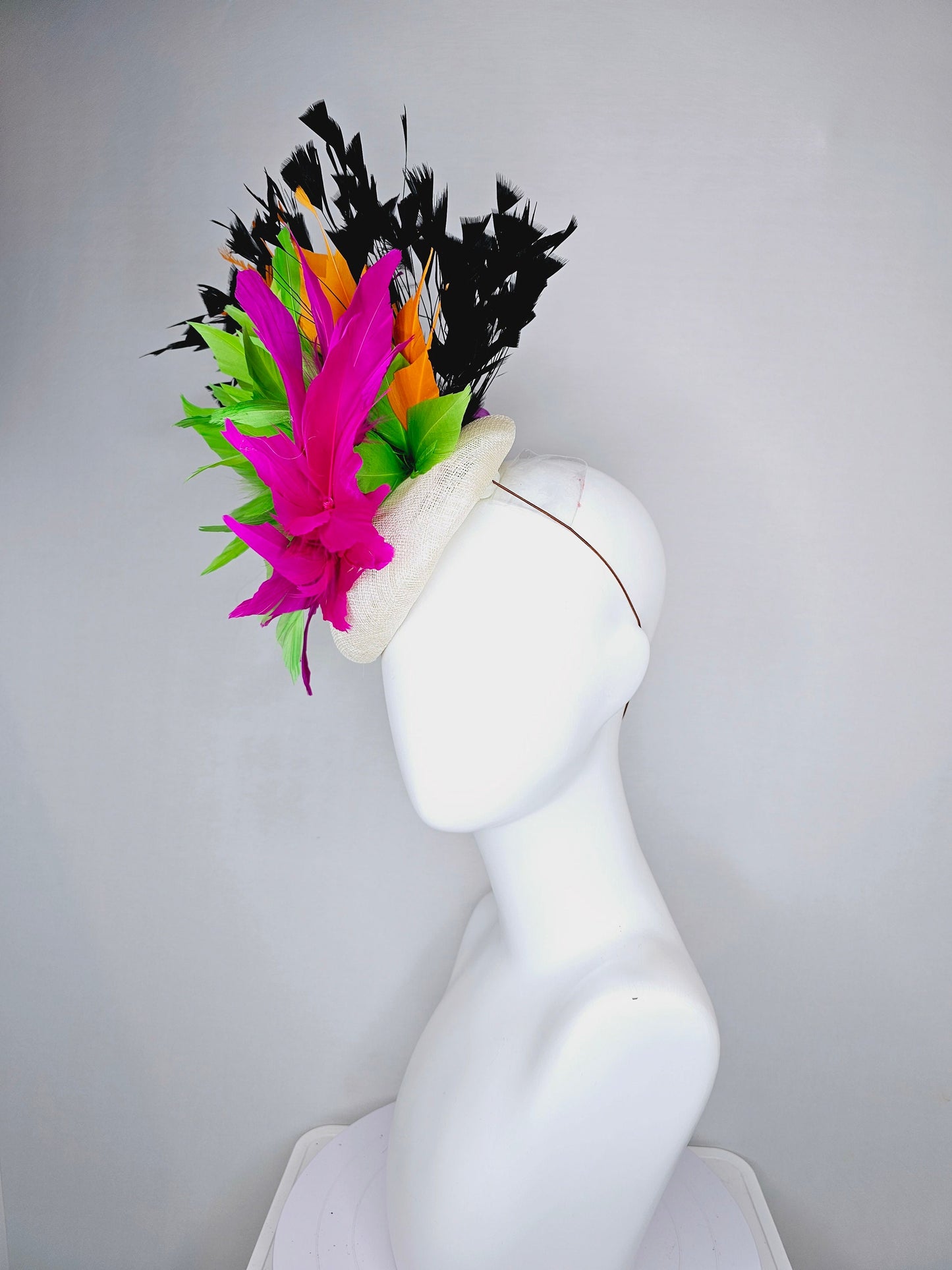kentucky derby hat fascinator neutral sinamay with rainbow feathers black orange hot pink green