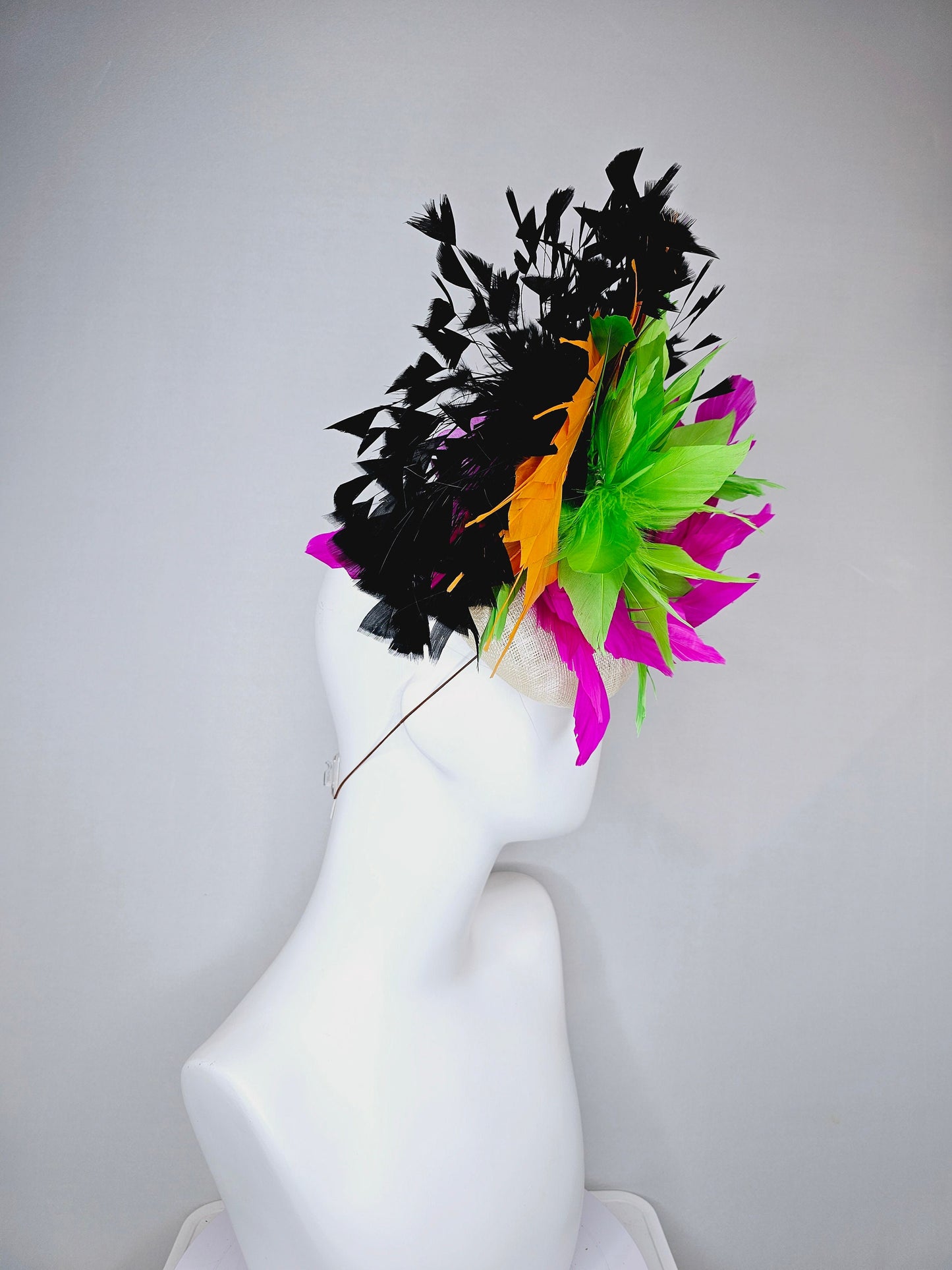 kentucky derby hat fascinator neutral sinamay with rainbow feathers black orange hot pink green