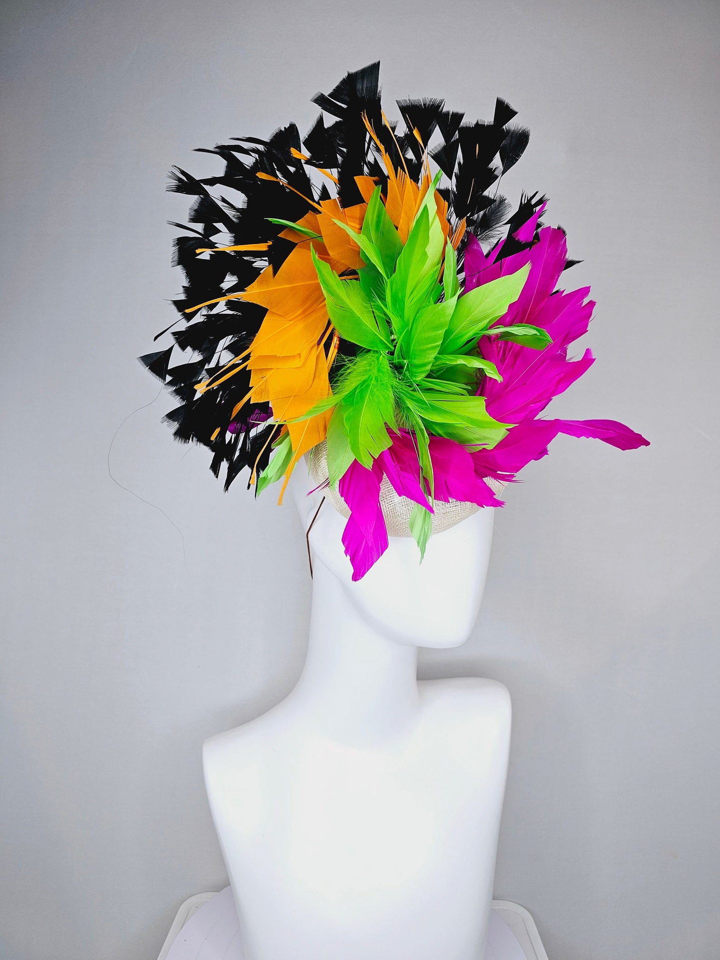 kentucky derby hat fascinator neutral sinamay with rainbow feathers black orange hot pink green