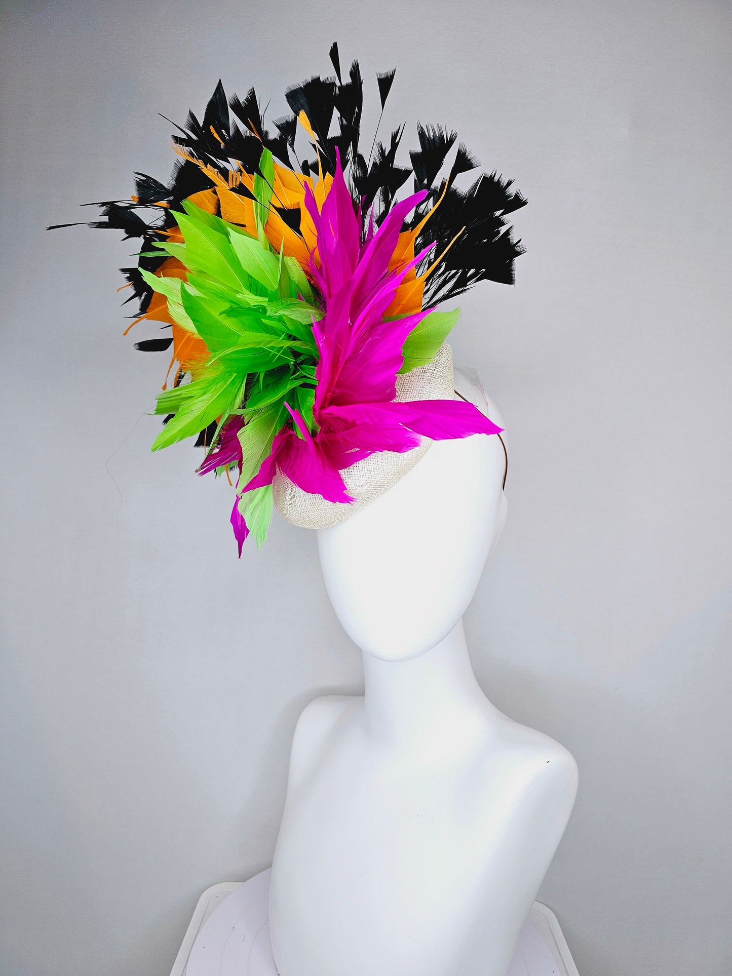 kentucky derby hat fascinator neutral sinamay with rainbow feathers black orange hot pink green