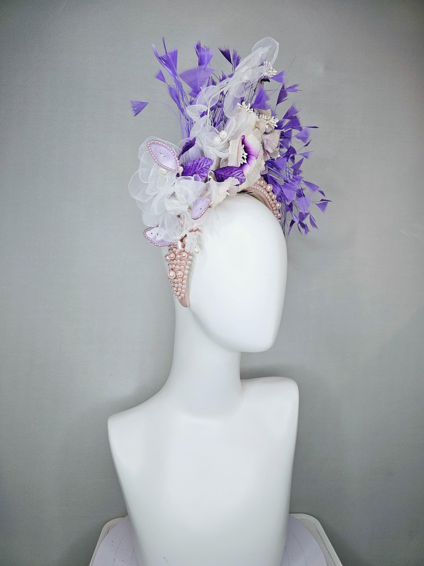 kentucky derby hat fascinator pink pearl headband with white purple organza silk flowers and purple leaves with lavender purple feathers
