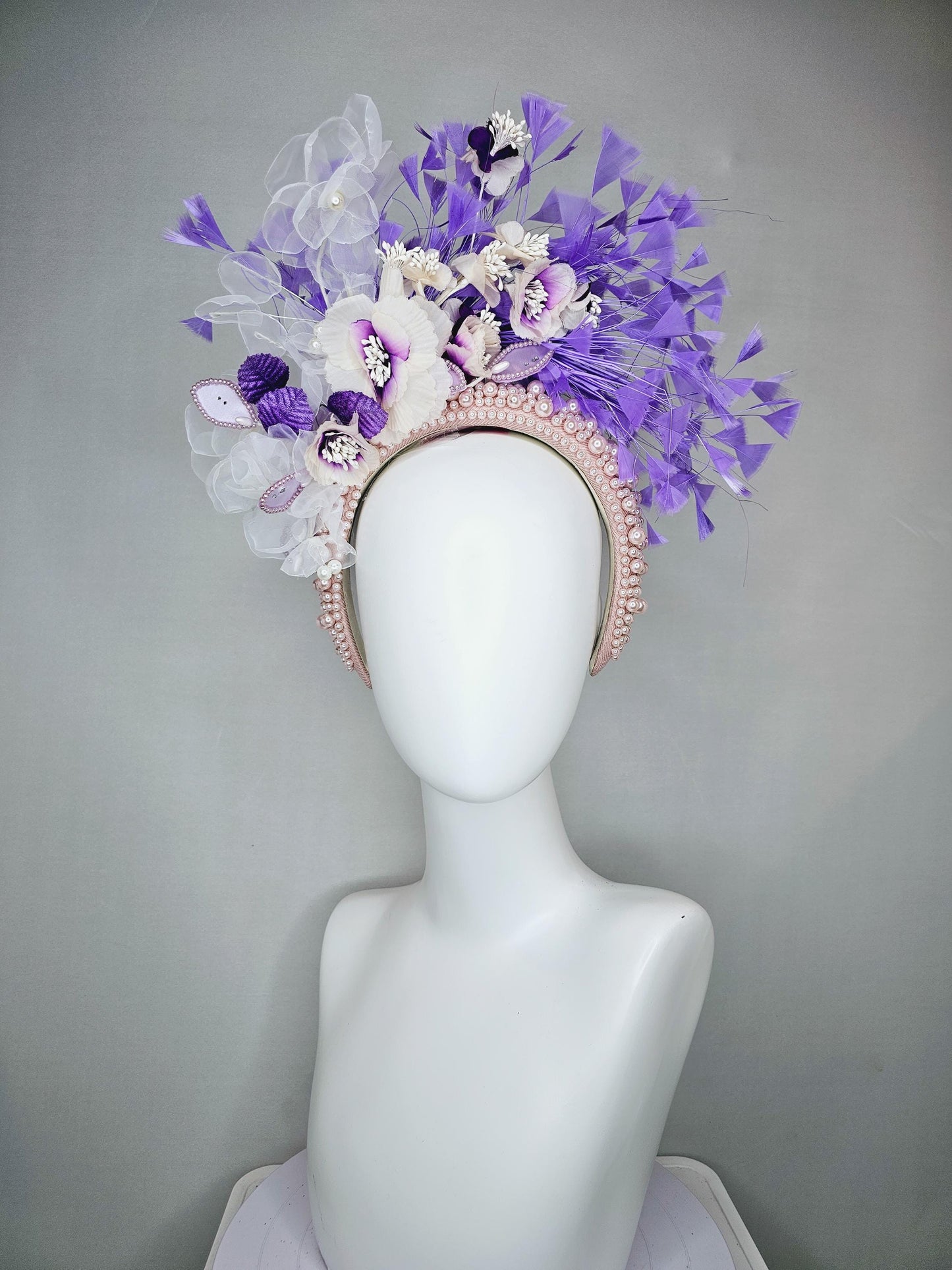 kentucky derby hat fascinator pink pearl headband with white purple organza silk flowers and purple leaves with lavender purple feathers