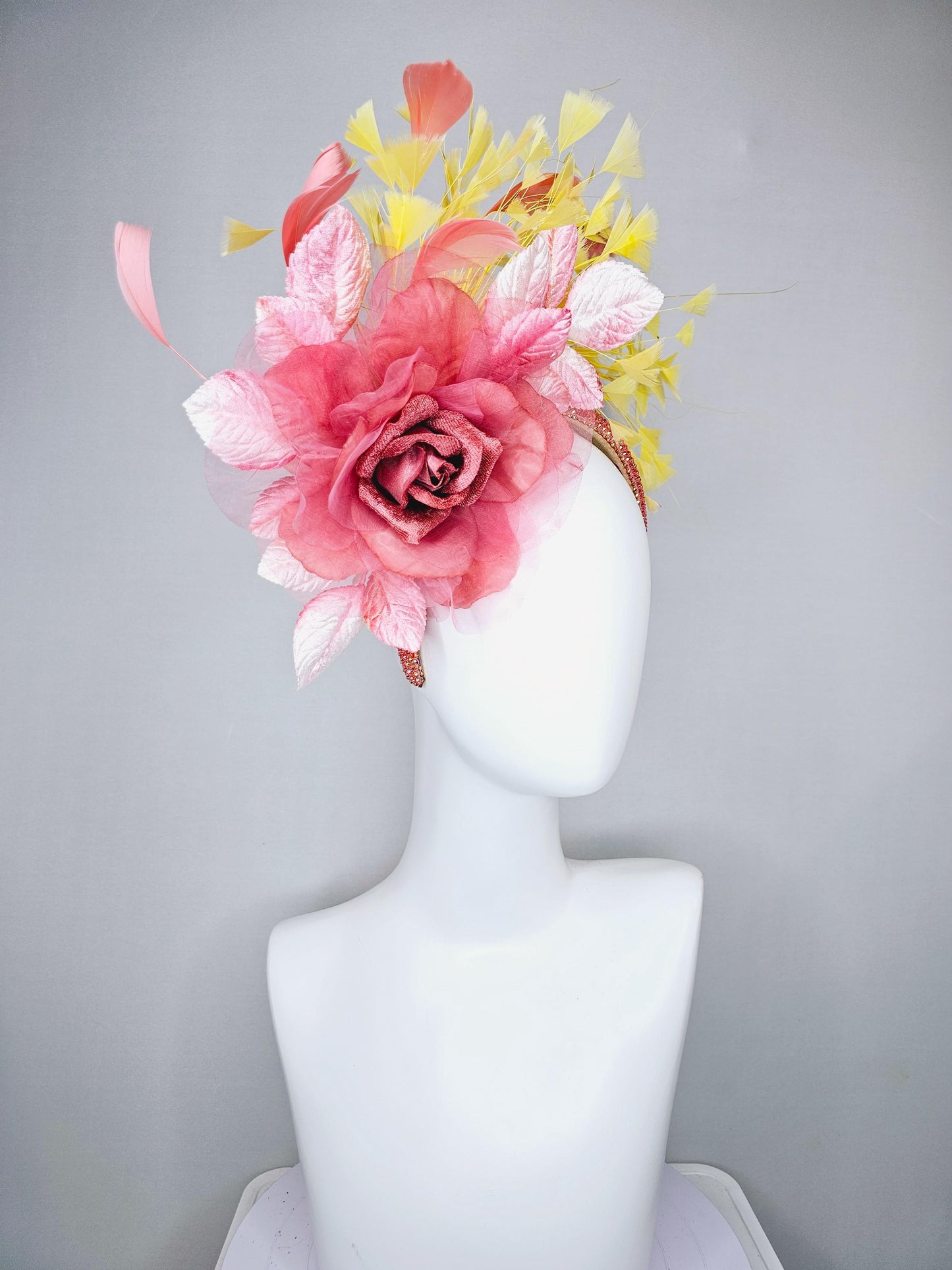 kentucky derby hat fascinator peach coral rhinestone headband,dusty rose organza satin flower, light pink leaves, yellow and peach feathers