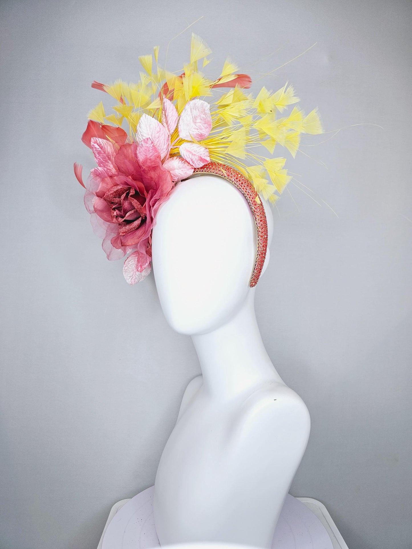 kentucky derby hat fascinator peach coral rhinestone headband,dusty rose organza satin flower, light pink leaves, yellow and peach feathers