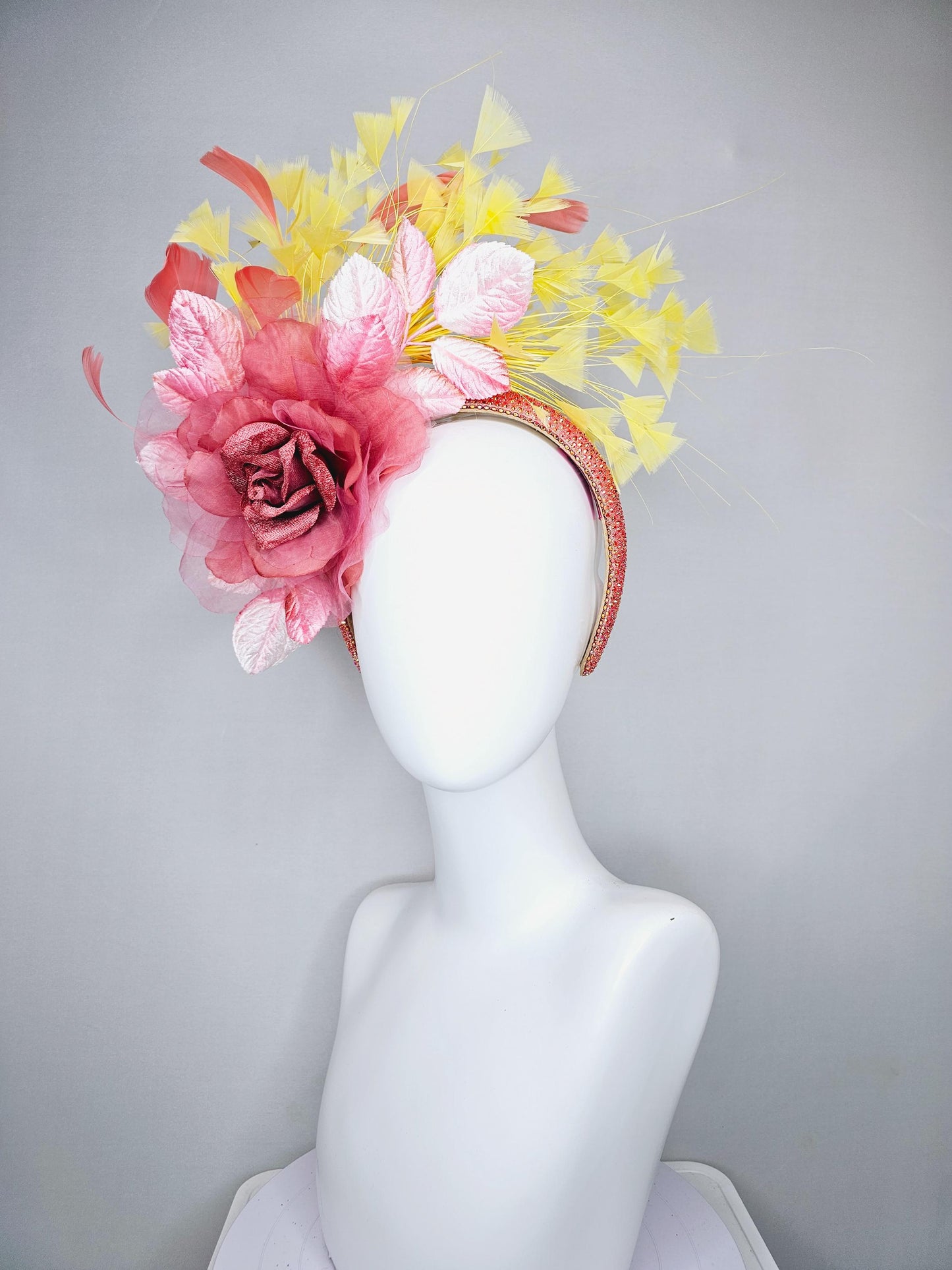 kentucky derby hat fascinator peach coral rhinestone headband,dusty rose organza satin flower, light pink leaves, yellow and peach feathers