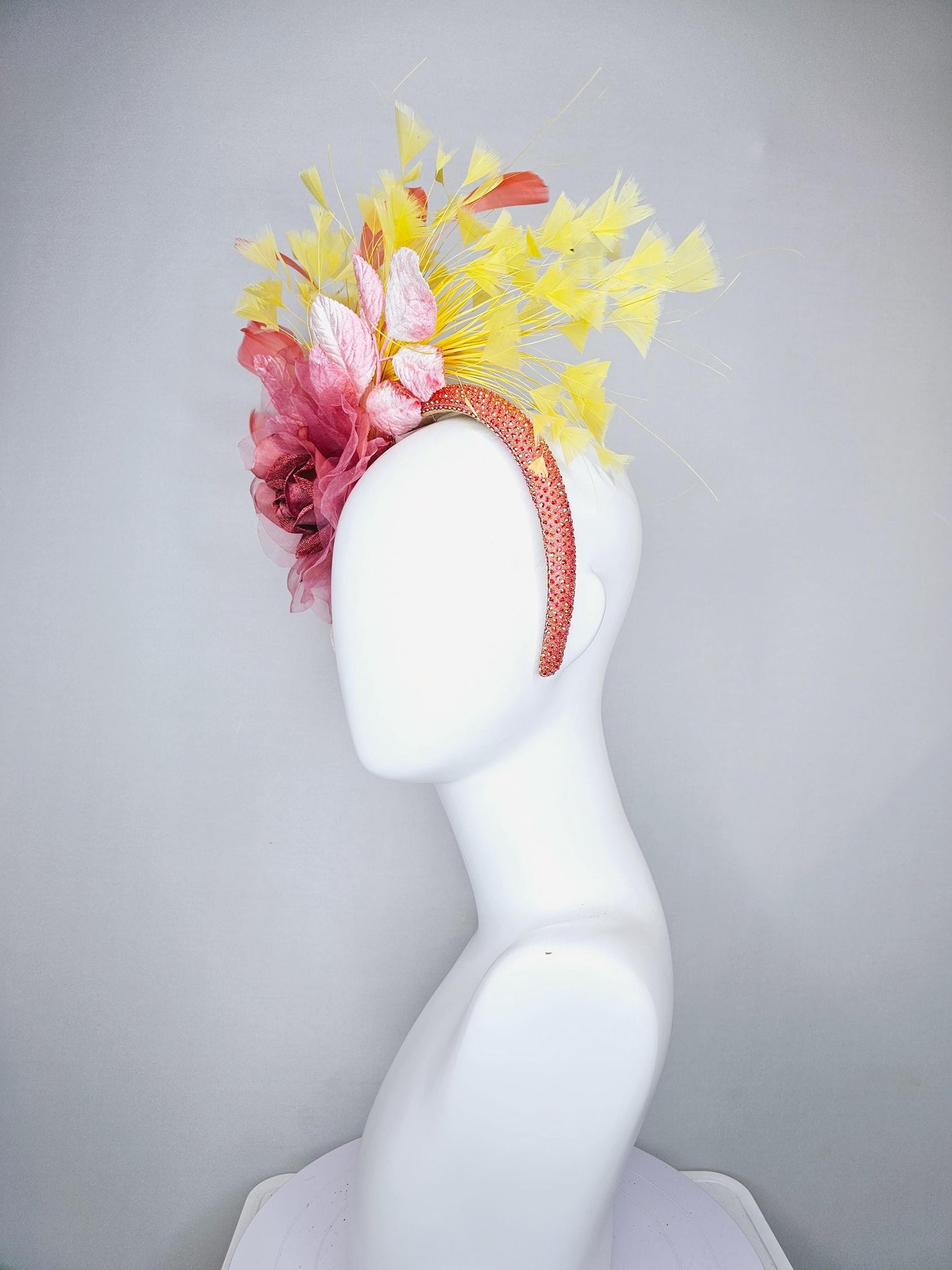 kentucky derby hat fascinator peach coral rhinestone headband,dusty rose organza satin flower, light pink leaves, yellow and peach feathers