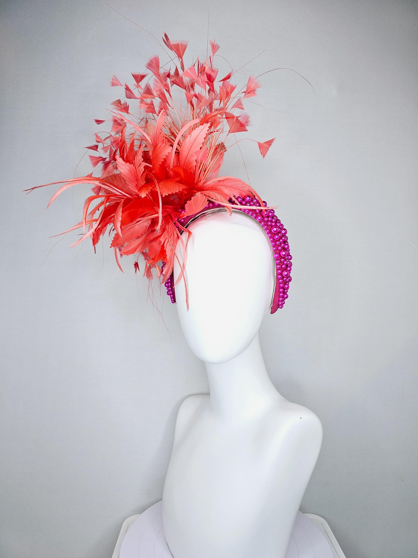 kentucky derby hat fascinator peach light coral orange feather flowers with bright pink fuchsia pearl headband