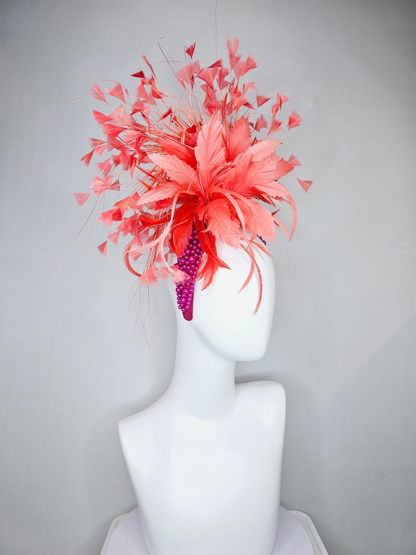kentucky derby hat fascinator peach light coral orange feather flowers with bright pink fuchsia pearl headband