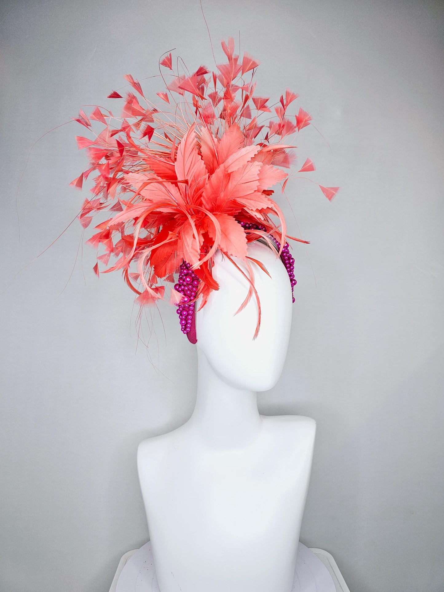 kentucky derby hat fascinator peach light coral orange feather flowers with bright pink fuchsia pearl headband